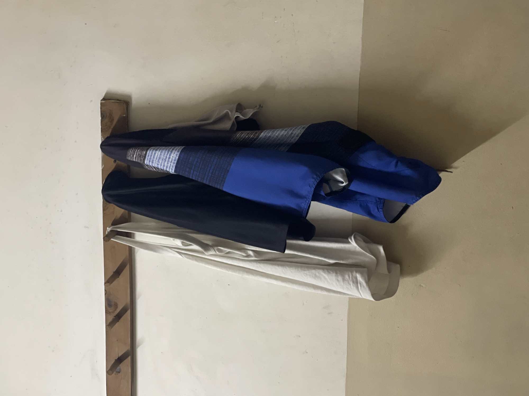 This image captures an indoor scene in Dar es-Salaam, Tanzania, depicting a collection of clothes hanging on a wooden rack mounted against a wall. The clothes rack appears to be a rustic, possibly homemade wooden plank fitted with several short wooden pegs or branches, serving as hooks.
Various garments are draped and hung on the rack. Prominently featured are a blue garment with horizontal black and white stripes, a solid royal blue jacket or shirt, a dark navy or black garment (possibly trousers or another shirt), and a folded white t-shirt. A light brown or beige piece of fabric is also visible among the hanging clothes.
The background consists of two walls meeting at a corner. The wall to the left is painted a lighter, off-white color, while the wall to the right has a warmer, beige or light brown hue. The lighting in the room is soft and indirect, casting gentle shadows on the walls and clothes, suggesting an indoor setting with ambient light rather than direct sunlight. There are no people visible, nor is there any discernible text within the frame. The scene conveys a simple, practical domestic environment for storing or drying clothes.
