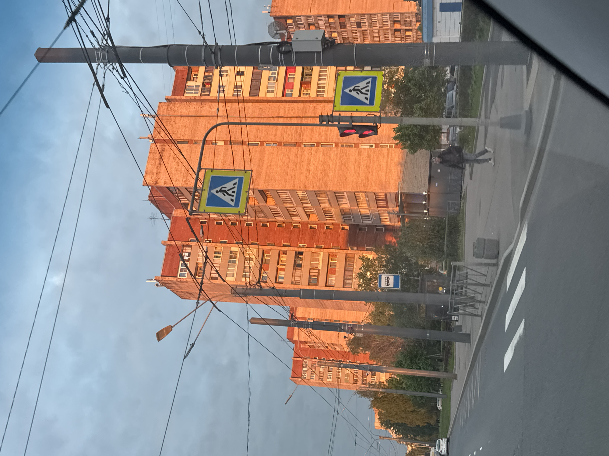 The image, captured from inside a vehicle and presented in a rotated orientation, depicts an urban street scene in Saint Petersburg, Russia, during what appears to be late afternoon or early morning golden hour.
The background is dominated by several large, multi-story brick buildings with numerous windows, their reddish-orange facades glowing warmly under the low-angle sunlight. The sky above is a light blue with scattered clouds.
In the foreground and mid-ground, a paved road features a prominent zebra crosswalk. Along the road and sidewalk, multiple utility poles support a dense network of overhead wires. Attached to these poles are various signs: two blue square pedestrian crossing signs, each displaying a white walking figure, clearly mark the crosswalk. A traffic light, illuminated with a red signal, is visible above the street. Further down, a blue square sign with a white bus icon indicates a bus stop, located near a gray cylindrical container.
On the right side of the image, a paved sidewalk runs parallel to the road. A single pedestrian, dressed in a dark jacket and light pants, is visible walking away from the camera on this sidewalk, near the crosswalk. Trees and green vegetation are interspersed along the sidewalk and in front of the buildings. The presence of the crosswalk and red traffic light implies an active urban environment, although no moving vehicles are explicitly visible. The overall warm, soft light imbues the scene with a tranquil, everyday ambiance. Reflections and distortions on the right edge suggest the photograph was taken through a car window.