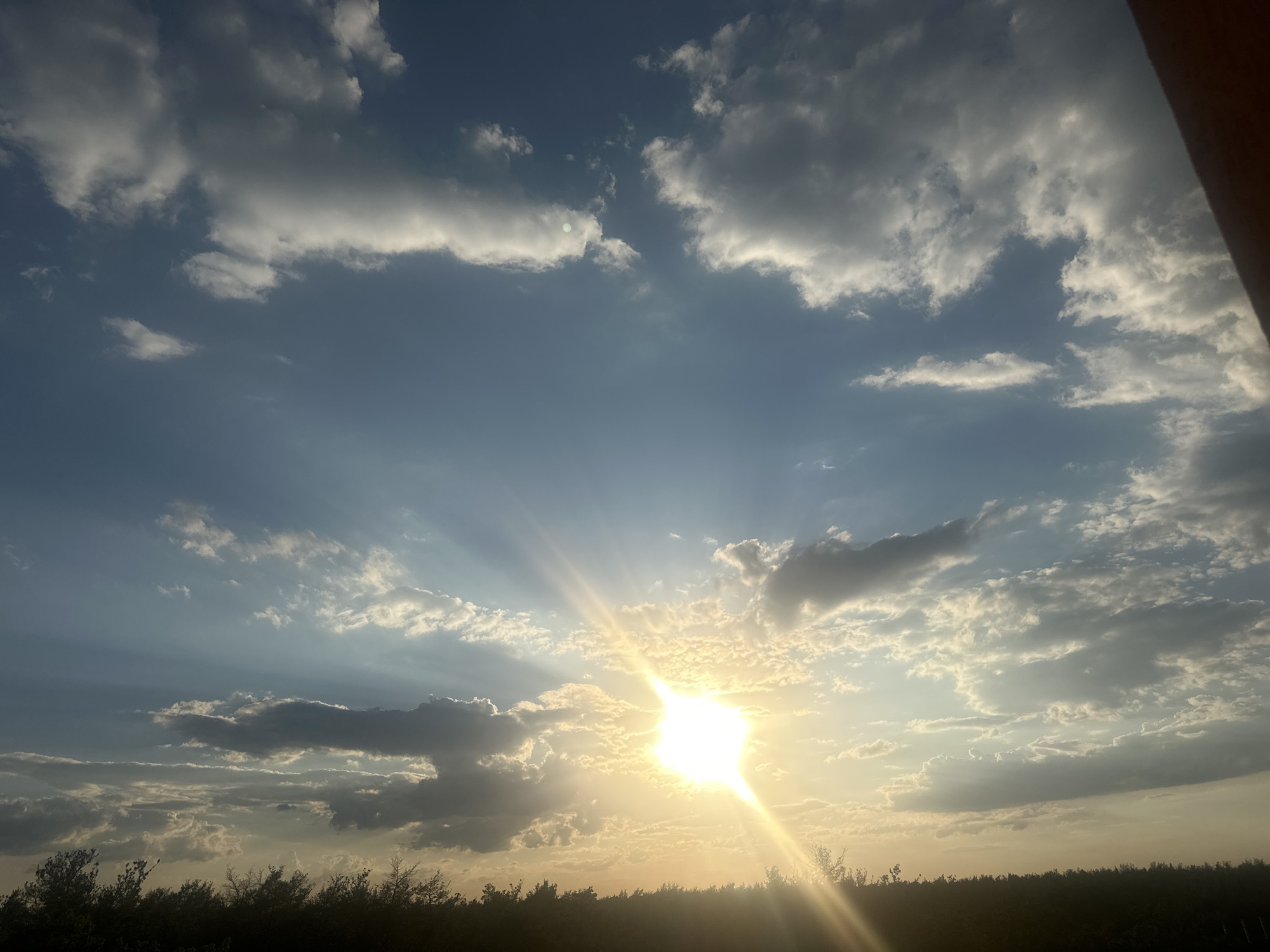 A low-angle outdoor shot captures a vast expanse of sky at sunset, with the sun shining brightly through scattered clouds. The sun is a brilliant orb of light, emitting strong rays that fan out across the scene. The clouds are a mix of white and gray, with some appearing dark and heavy, suggesting potential rain or dramatic weather. The lower portion of the image shows a silhouetted line of trees and vegetation against the warm, glowing horizon. There are no people or man-made structures visible in this natural landscape.