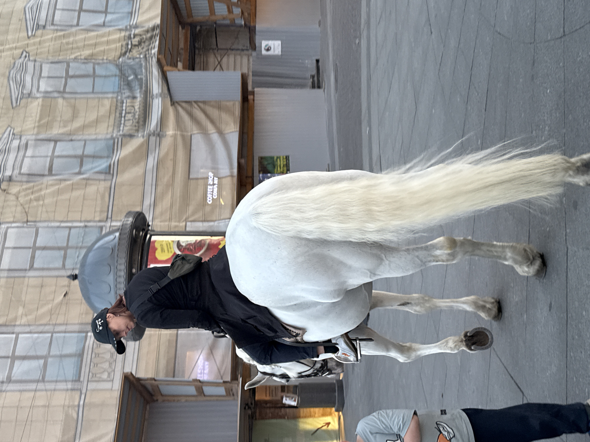 In Saint Petersburg, Russia, a person wearing a black baseball cap and black clothing rides a white horse. The rider is facing left, looking down at the horse. The horse has a long, flowing tail. In the background, a building is covered with a large banner depicting architectural details, resembling a mural of windows and balconies. A sign on the banner reads "COFFEE SHOP COM." The scene takes place on a paved urban surface. A child in a grey t-shirt and dark pants is partially visible in the lower left of the frame.