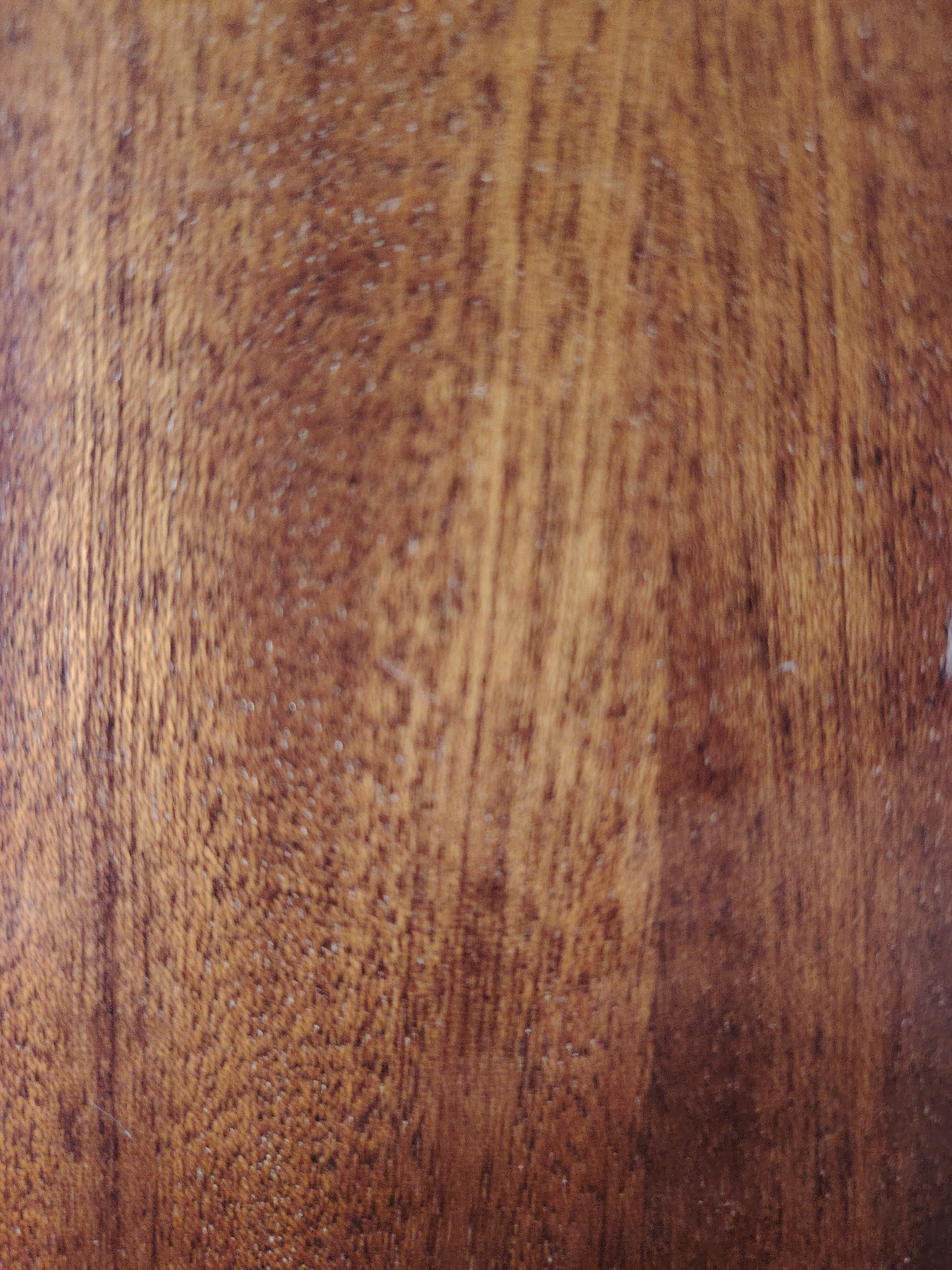 The image is a close-up, abstract shot of a textured wooden surface. The wood grain is visible, running vertically with variations in color from light brown to dark reddish-brown. There are small, lighter flecks scattered across the surface, possibly dust or imperfections in the wood. The lighting creates a subtle sheen on the wood, highlighting the texture. The image does not depict any identifiable objects, people, actions, or a specific location within Gumbaz, Uzbekistan; it is solely a study of the wood's natural pattern and texture.