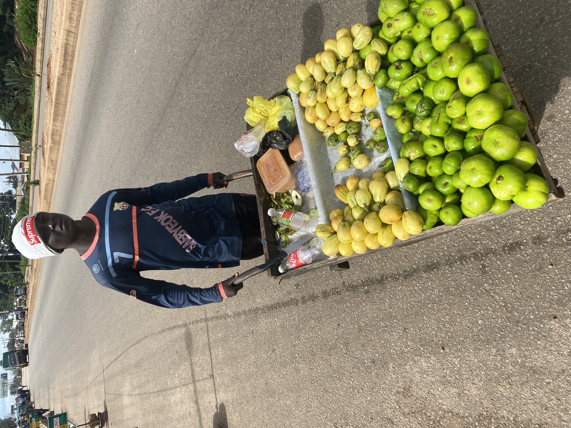 A young Black male, wearing a dark blue long-sleeved shirt with orange and blue accents and a white "Supreme" branded beanie, is pushing a wooden cart filled with produce along an asphalt road in Bukuru, Nigeria. The cart contains several types of fruit and vegetables, including a large quantity of bright green, round tomatoes at the bottom, a section of light yellow, oblong gourds, and a smaller section of green, elongated gourds. Among the produce, there are two bottles of Coca-Cola, one partially filled and open, a clear plastic bag containing what appears to be chopped green vegetables, a sealed plastic bag of clear liquid, a small orange food container, and a black plastic bag. The man is holding the cart handles, his gaze directed forward. The background shows a paved road with tire marks, a sidewalk, a curb, trees, and buildings. Vehicles, including a large green truck and smaller cars, are visible further down the road. The scene is illuminated by daylight, casting shadows on the ground.