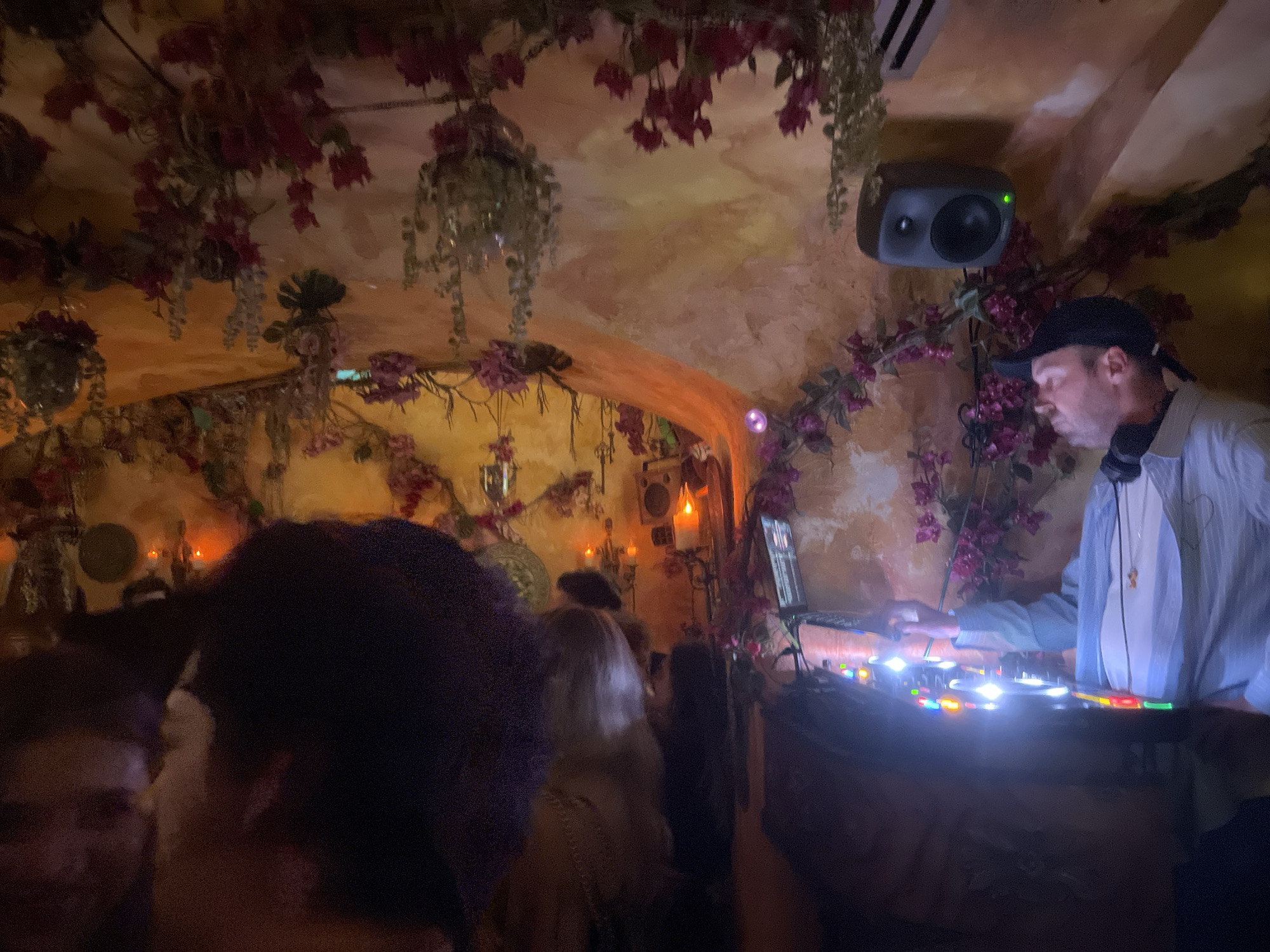 A dimly lit interior setting, reminiscent of a bar or lounge in Paris, France, shows a DJ performing in front of a crowd. The DJ, a male wearing a black cap, blue shirt, and headphones around his neck, stands behind a DJ setup featuring illuminated buttons and knobs. The walls and ceiling are adorned with floral decorations. A speaker hangs from the wall above the DJ. People are visible in the foreground, their faces and bodies partially obscured by darkness. The overall ambiance is subdued with artificial lighting.