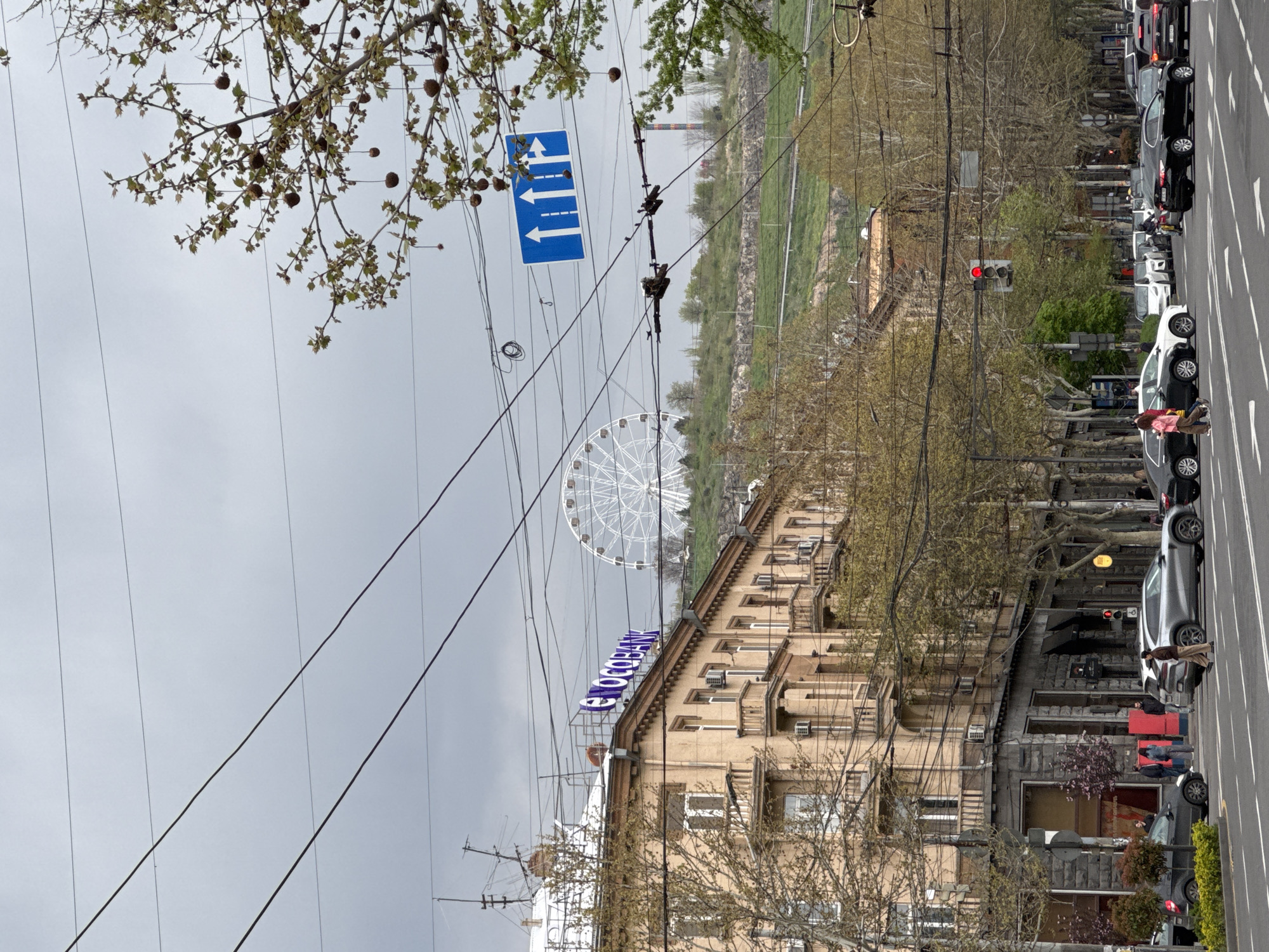 This image depicts an urban street scene in Yerevan, Armenia, captured under an overcast sky. In the foreground, branches of a tree with nascent leaves and seed pods extend into the upper left, while numerous utility wires traverse the sky.
On the right, a street is active with parked and moving vehicles. Several pedestrians are visible on the sidewalk, including one person in a red top and light-colored pants. A traffic light, displaying a red signal, is also present. Above the street, a blue rectangular road sign with white arrows provides traffic directions: one arrow points left, and two arrows indicate straight ahead.
A multi-story building with a light-colored facade, featuring multiple windows, balconies, and air conditioning units, occupies a significant portion of the mid-ground on the right. On the rooftop of this building, a large, illuminated sign spells out "ԵՐԵՎԱՆՊԱՐԿ" (Yerevan Park) in blue Armenian capital letters. Behind this building and the street-lining trees, a large white Ferris wheel is prominently visible, suggesting the proximity of an amusement park. A grassy hill and a distant structure with colorful vertical stripes can be seen further in the background.
The scene conveys a regular daytime atmosphere in a bustling city, with soft, diffused lighting characteristic of cloudy weather.