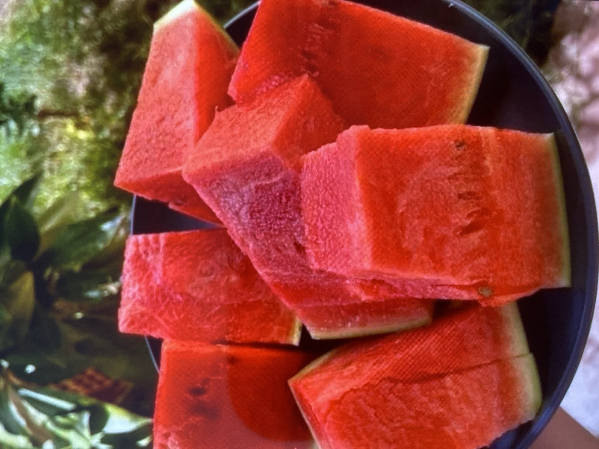The image shows a close-up of a dark bowl filled with cut pieces of watermelon. The watermelon pieces are bright red and appear to be fresh and juicy. Some pieces are triangular, while others are more square-shaped. The texture of the watermelon flesh is visible, with small fibrous strands. The rind of the watermelon, a pale green, is also visible on some of the pieces. The bowl is dark and appears to be ceramic or plastic.
In the background, to the left of the bowl, there is a blurred image of lush green foliage. This suggests that the watermelon might be in an outdoor setting, perhaps a garden or a natural environment. The lighting in the image is bright, highlighting the vibrant red of the watermelon and creating a fresh, summery feel. There is no visible text in the image. The focus is entirely on the watermelon and its presentation in the bowl.