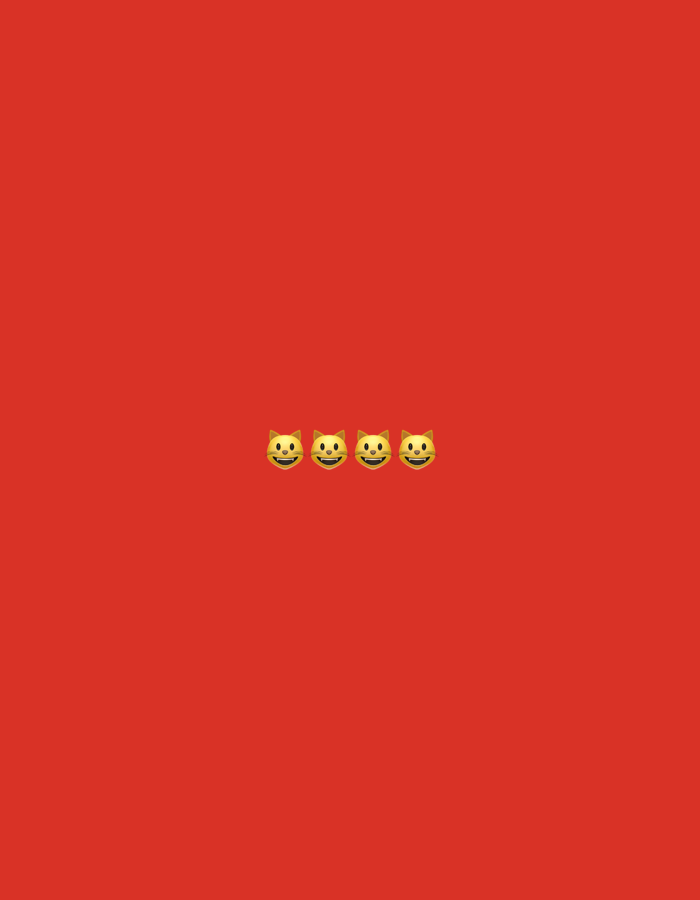 The image is a digital rendering of a plain red background with four yellow cat face emojis arranged in a horizontal line near the bottom center of the frame. The cat emojis are identical, displaying open mouths and smiling eyes. The background is a solid, vibrant red. This image does not depict any location in the city of Nowa Sól, Poland, nor does it contain any elements that would suggest a specific geographical setting.