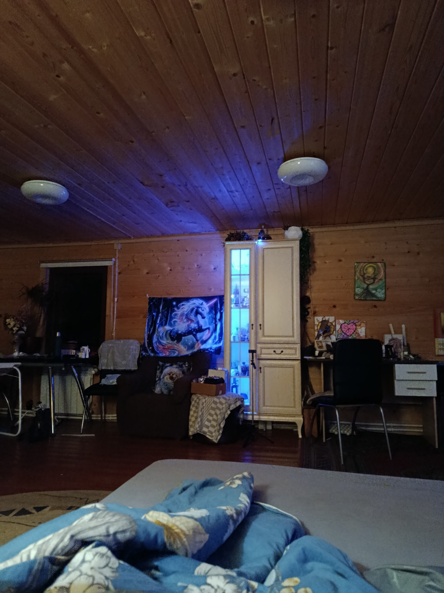 The image captures an indoor scene, likely a living or bedroom, at night or in the evening, taken from a low angle, possibly from a bed. No people are visible. In the foreground, a bed with blue and white patterned bedding and a grey mattress is partially visible.
The room features wooden plank walls and a matching wooden plank ceiling, contributing to a rustic aesthetic. Two white, dome-shaped flush-mount light fixtures are on the ceiling.
To the left, a dark window or doorway leads to an unlit area outside. Below it, a dark table with metal legs holds a vase with flowers, a dark thermos, and several mugs. A radiator is partially visible beneath the table. A dark armchair or beanbag chair with a checkered blanket and a small, fluffy dog-shaped plushie or pillow sits to the right of the window. Behind the armchair, a large tapestry or poster depicting a blue unicorn with a flowing mane is illuminated by a striking blue light, casting a blue glow on the surrounding area and subtly on the ceiling.
In the mid-ground, a tall, light-colored (possibly off-white or cream) cabinet with glass upper doors is prominently displayed. The interior of the glass section is also brightly lit with a similar blue light, showcasing various items, likely bottles or decorative objects. To the right of the cabinet, a wooden wall displays several pieces of art: an abstract, circular painting in green and yellow tones, and below it, two smaller framed artworks, one depicting a bird and another a heart, possibly stained glass. A dark office chair is positioned in front of a light-colored desk with two drawers.
The overall lighting is dim, primarily relying on the artificial blue light from the unicorn tapestry and the cabinet, creating a cool, subdued atmosphere. The setting suggests a cozy, lived-in space in Vereya, Russia. No visible text is identifiable.