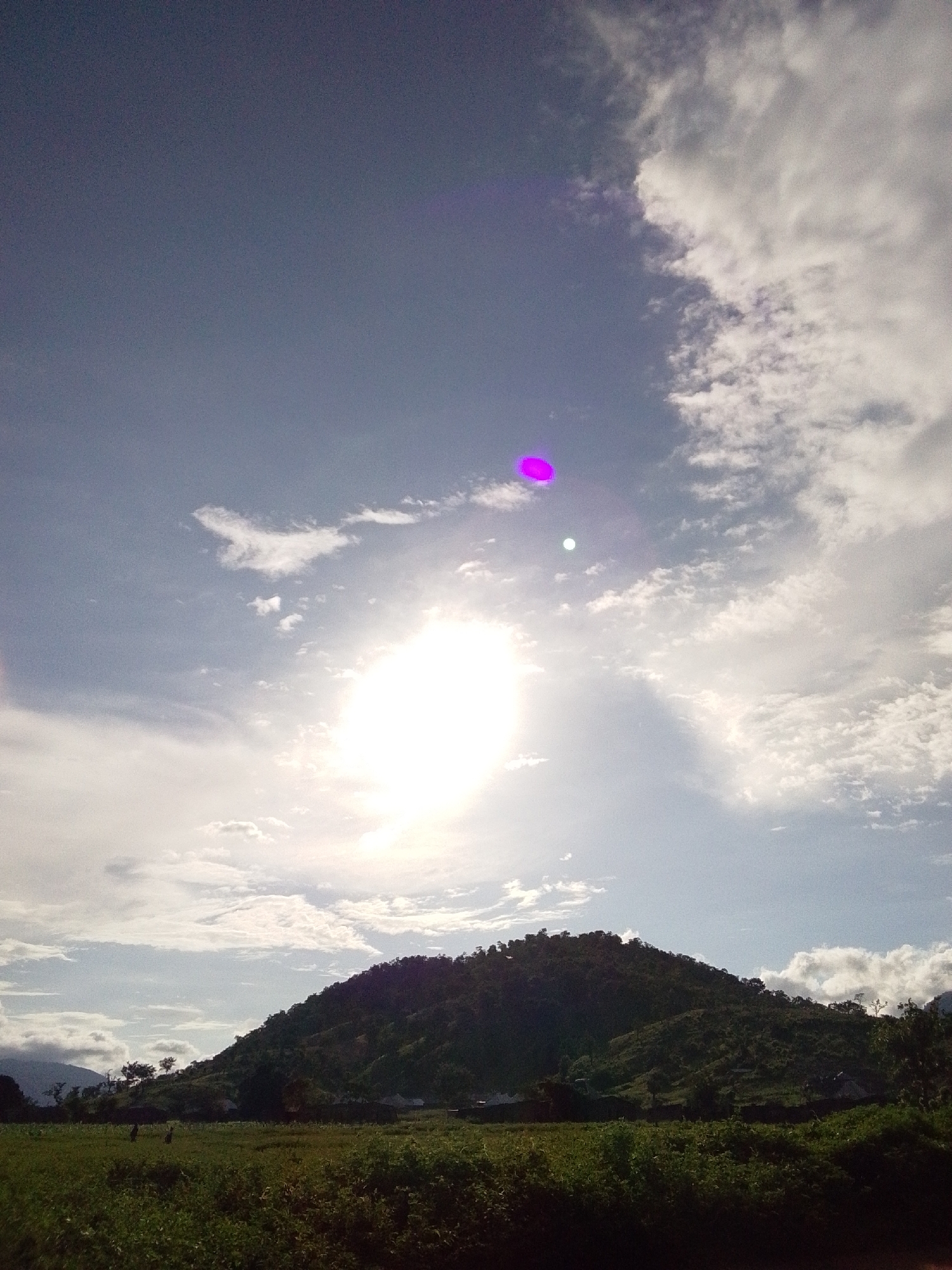 The image captures a panoramic view of a hilly landscape under a bright, partly cloudy sky. The sun is a dominant feature, appearing as an intense, hazy white orb in the upper center of the frame, with visible lens flare, including a distinct purple and a smaller white circular flare. Wispy white clouds are scattered across the blue sky, with larger, denser clouds on the right side.
In the foreground, a lush green field stretches across the bottom of the image, appearing somewhat overgrown with various types of vegetation. The field is relatively flat but shows a slight undulation. Two indistinct dark figures, possibly people or animals, are present in the mid-ground of the field, suggesting human presence or activity.
A large, densely vegetated hill dominates the mid-ground and extends into the background. The hill's slopes are covered in trees and shrubs, giving it a textured, dark green appearance. Scattered structures, possibly small buildings or dwellings, are visible nestled within the vegetation on the side of the hill. The overall impression is a rural or semi-rural setting. The lighting suggests it is daytime, likely late morning or afternoon, given the angle and intensity of the sun. The scene is set in Serti, Nigeria, a location known for its natural beauty and agricultural landscape.