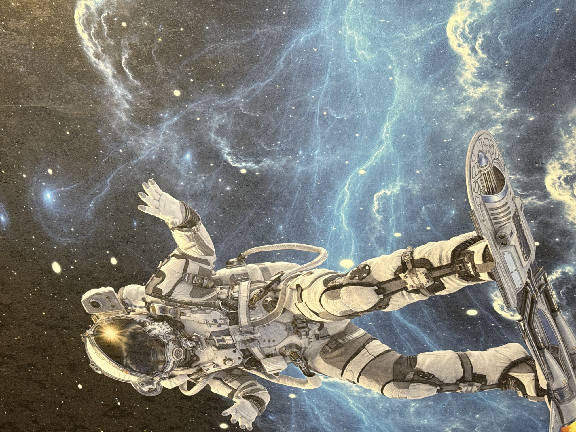 An astronaut in a white spacesuit floats in space against a backdrop of stars and a blue-tinged nebula. A futuristic jetpack is strapped to his feet. The environment suggests a cosmic setting, far from the city of Perm, Russia. There are no indicators to place the image in that location.