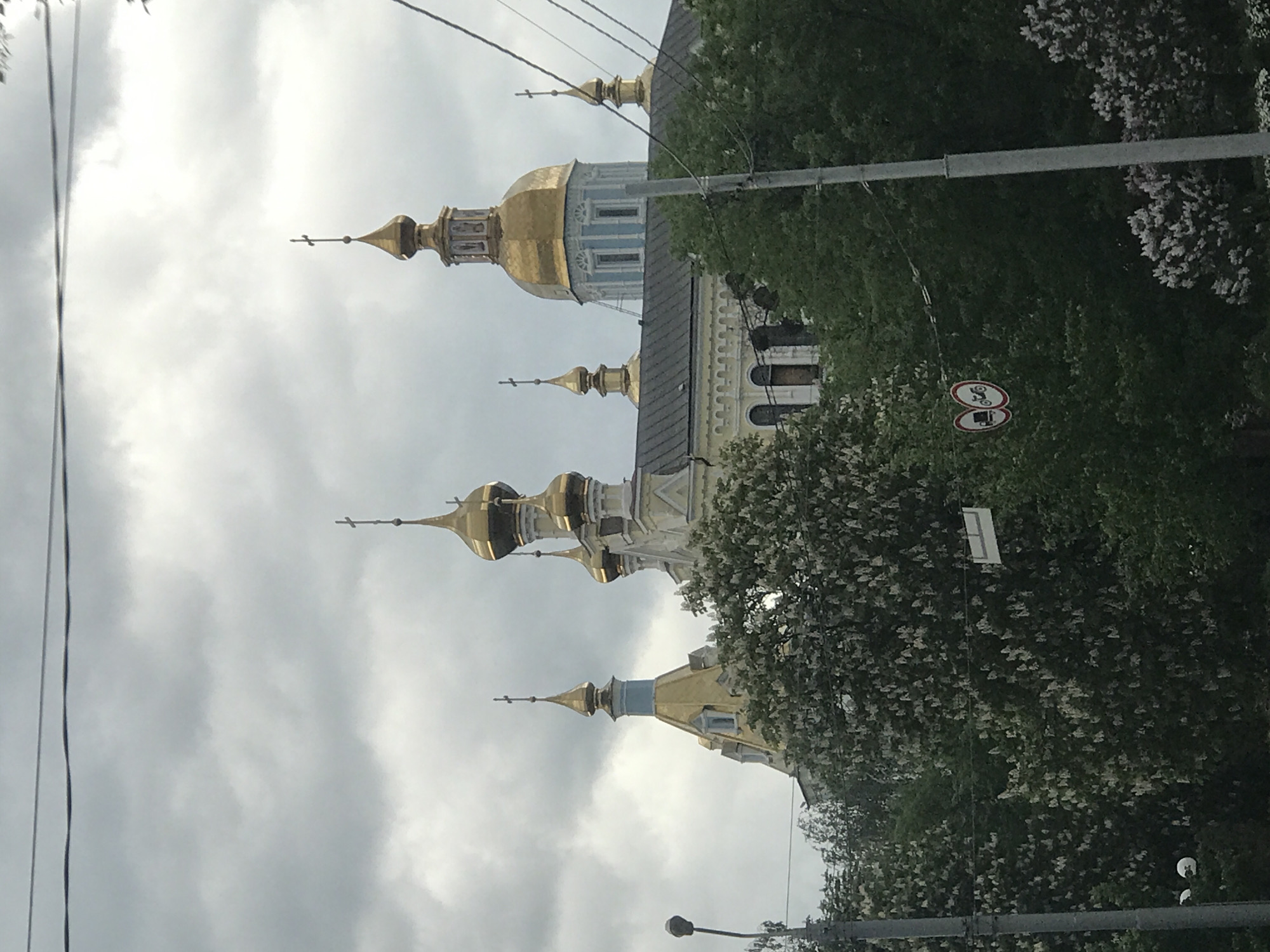 The image shows a view of the Saint Sophia Cathedral in Kharkiv, Ukraine, from a lower vantage point, looking up. The golden domes of the cathedral are visible against a cloudy sky. Trees with white blossoms partially obscure the view of the cathedral. Utility poles and wires are present in the foreground. A road sign restricting motorcycles and trucks is also visible amidst the trees.