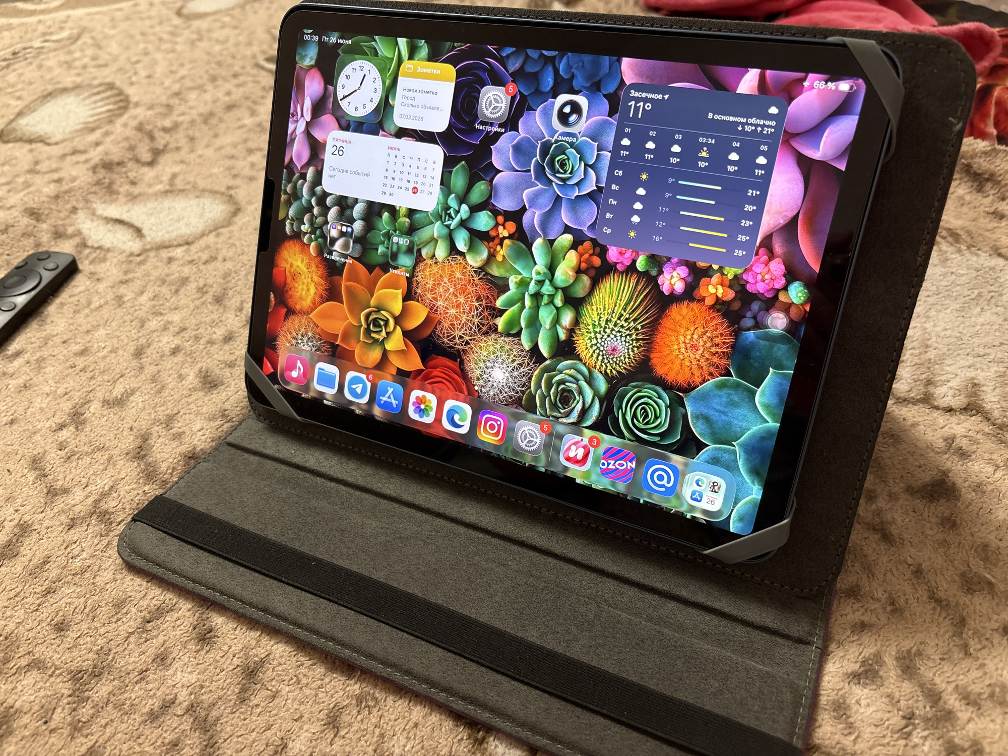 This media file shows a close-up, slightly overhead view of a tablet device resting on a textured, beige surface, possibly a rug or blanket. The tablet is open and positioned at an angle, showcasing its screen. The screen displays a vibrant wallpaper featuring a colorful arrangement of succulents.
Several widgets are active on the tablet's home screen. On the left, there's a clock widget showing an analog time of approximately 10:10, and a calendar widget displaying "ПЯТНИЦА 26" (Friday 26) with a note "Сегодня событий нет" (No events today). Below these, there's a calendar for June. To the right, a weather widget for "Засечное" (Zasechnoye) indicates a temperature of 11°C and mentions "В основном облачно" (Mostly cloudy) with a forecast range of 10°C to 21°C. Further right, another weather forecast displays temperatures for the next few days.
App icons are visible in a row at the bottom of the screen, including Camera, Settings (with a notification badge), and others like an email icon, a music app, a shopping app labeled "Ozon," and a calendar icon showing "26". The top right corner of the screen shows a battery indicator at 66% and the time "00:39 Пт 26 июня" (00:39 Friday June 26).
A dark grey tablet case is partially visible, holding the device. To the left of the tablet, a black remote control lies on the textured surface. The overall lighting suggests it's daytime, but the screen brightness is high. The scene appears to be indoors, with no distinct location cues beyond the "Zasechnoye" text on the weather widget.