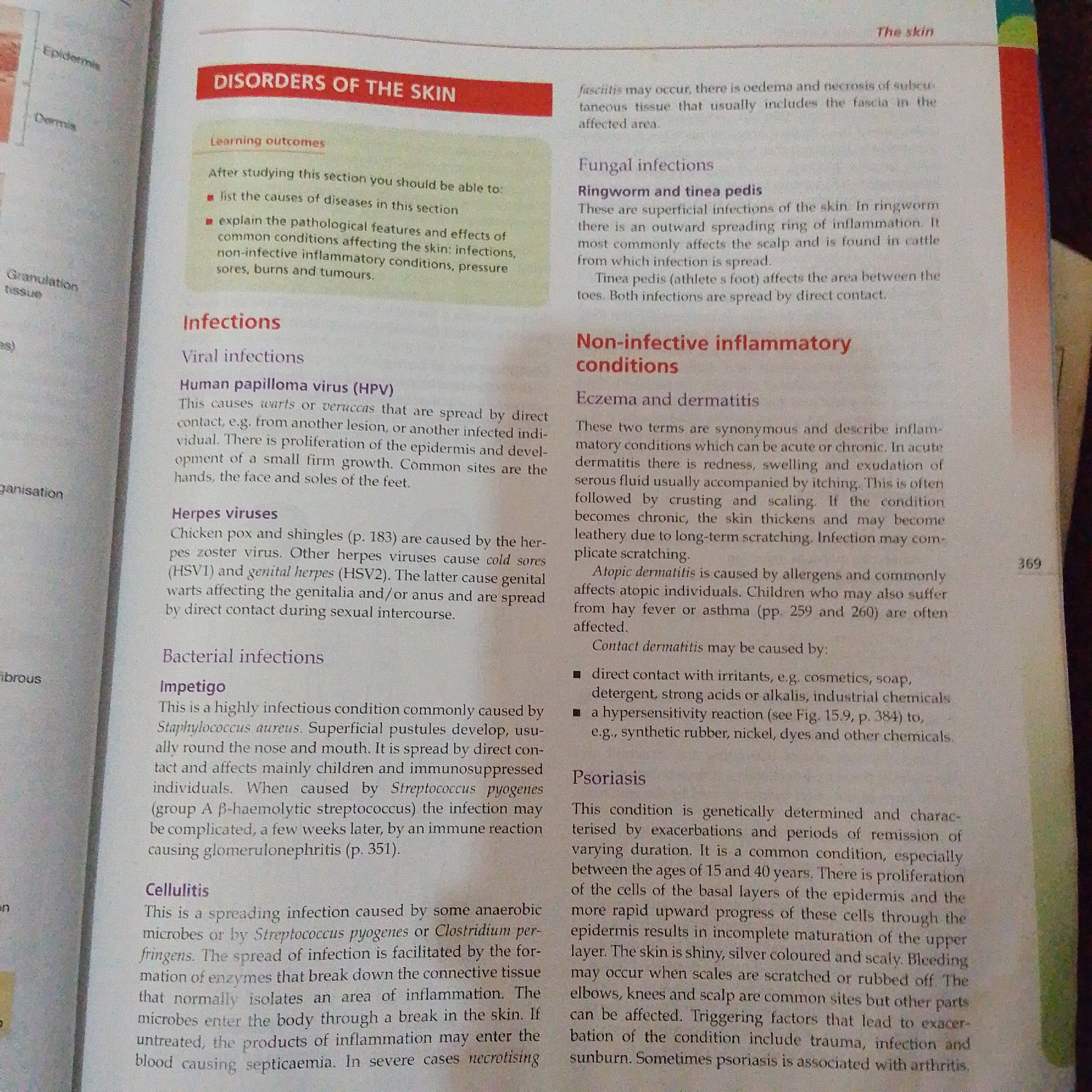 The image is a page from a textbook discussing "Disorders of the Skin". It is not possible to determine its location in Jalingo, Nigeria from the image provided. The page is divided into two columns. The left column lists learning outcomes, followed by sections on "Infections" including "Viral infections" (Human papilloma virus, Herpes viruses) and "Bacterial infections" (Impetigo, Cellulitis). The right column discusses "Fungal infections" (Ringworm and tinea pedis) and "Non-infective inflammatory conditions" (Eczema and dermatitis, Psoriasis). The text is accompanied by small diagrams on the left side which are only partially visible. A page number "369" is visible in the right column.