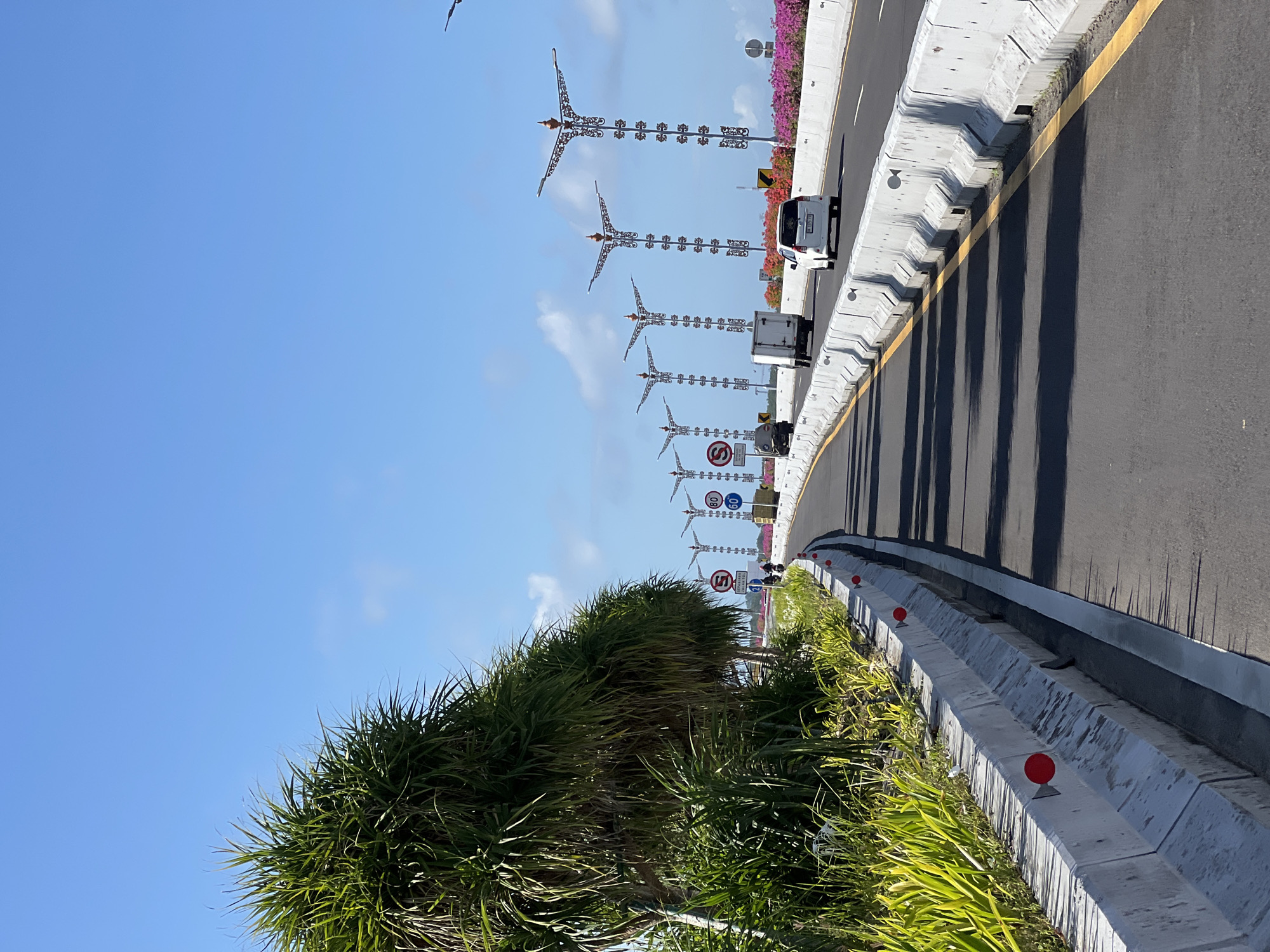 The image depicts a section of the Bali Mandara Toll Road in Kuta Selatan, Indonesia. The road is multi-lane with a white concrete barrier and yellow lane markings. Several vehicles, including a white van and a truck, are visible. Ornate metal lampposts with a vaguely bird-like design are spaced along the barrier. Bougainvillea flowers are planted behind the barrier. A blue sky is visible overhead. A large bush is on the right side of the image.