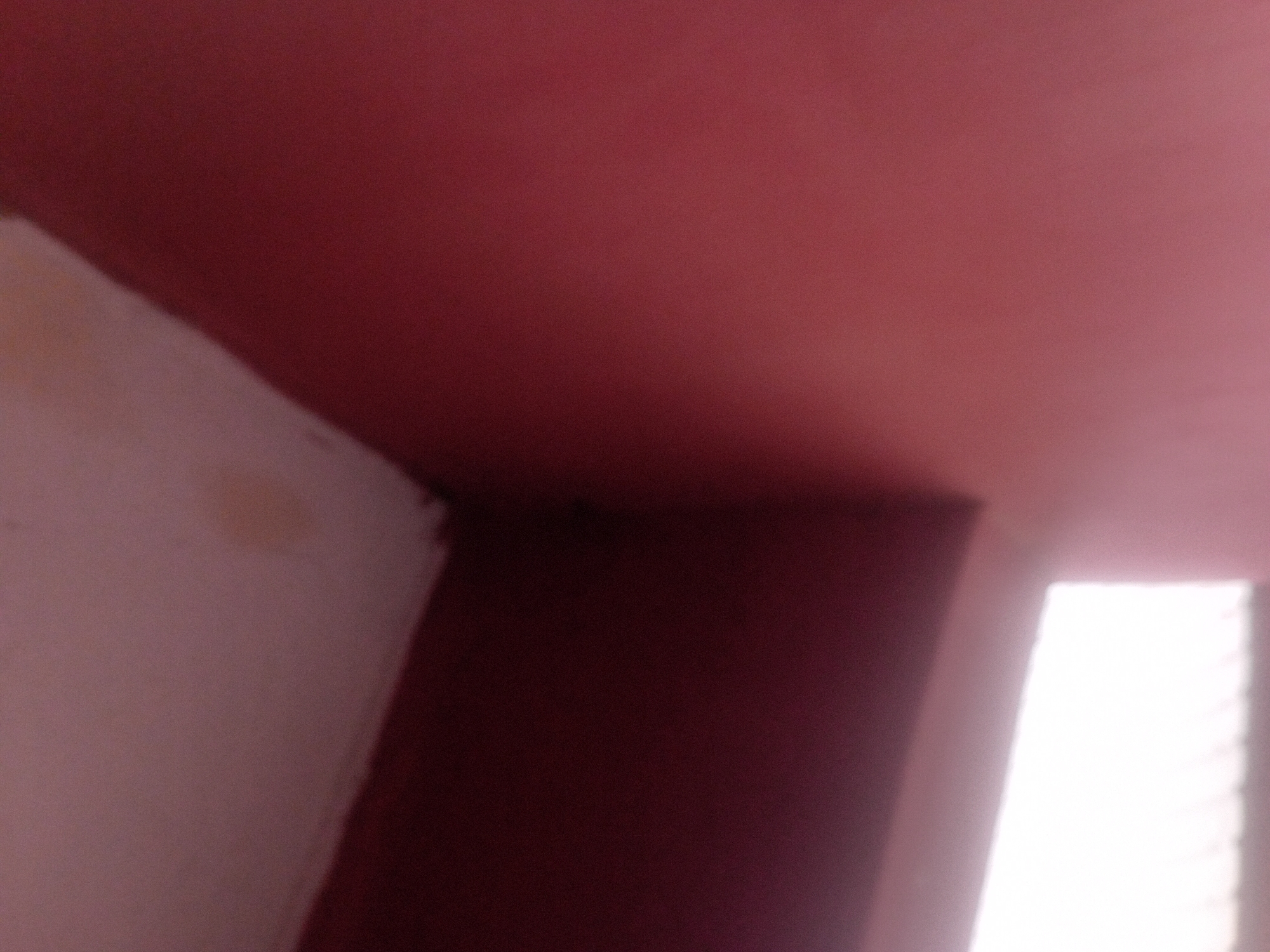 The image shows an interior corner of a room with a ceiling and two walls. The walls are painted a reddish-brown color, and the ceiling is a lighter, pinkish-white. There is a visible stain on the ceiling in the upper left quadrant of the image. A bright white rectangular object, possibly a window or a light fixture, is visible in the lower left portion of the image. The image is out of focus and grainy.