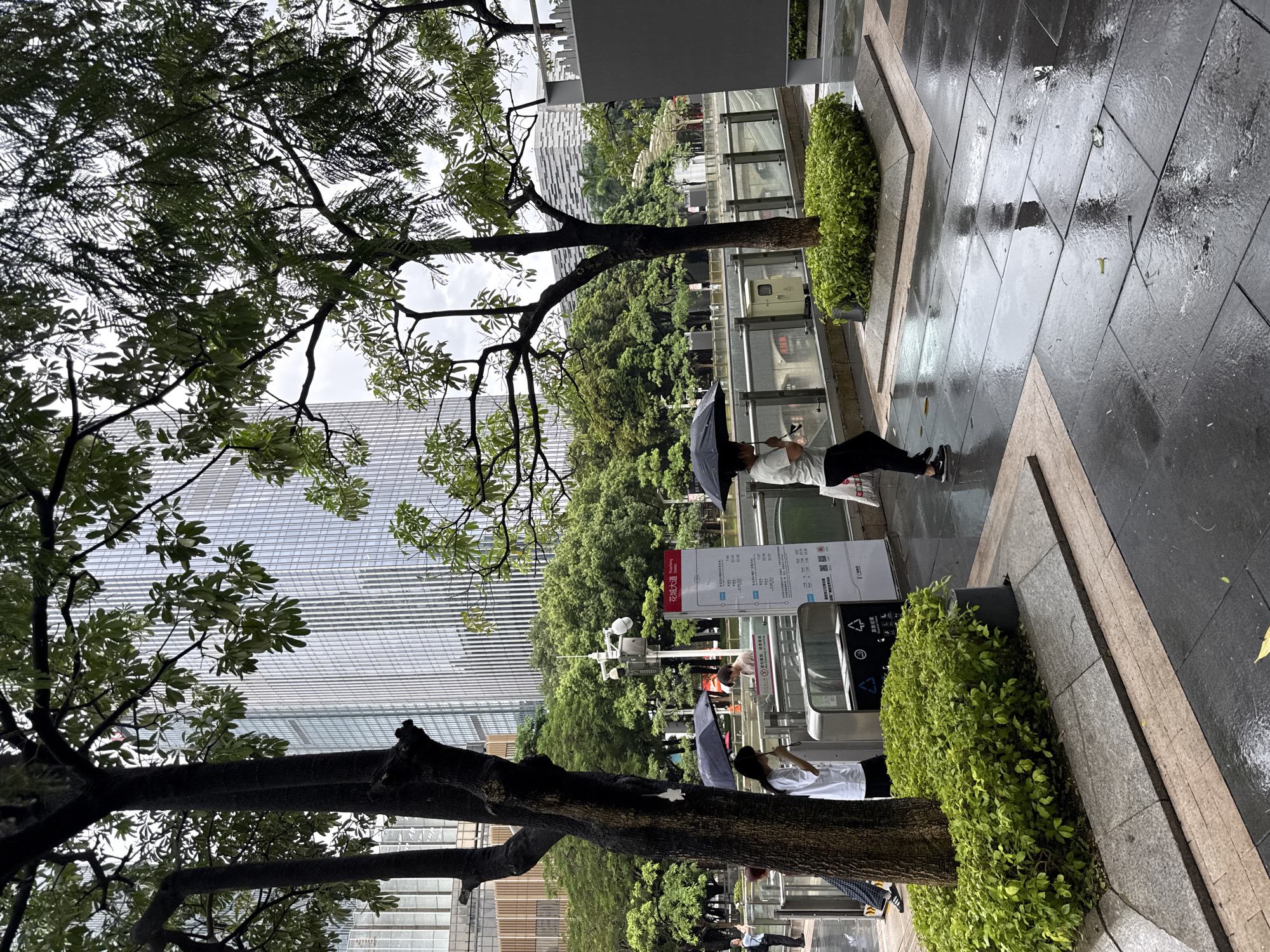 A person with a black umbrella walks on a wet, tiled sidewalk in Tianhe District, China, with a large, modern glass building in the background. The sidewalk is reflecting the overcast sky, and there are several trees with lush green foliage on either side of the walkway. A few other people are visible in the distance near an entrance to what appears to be a subway station or underground passage. One person, wearing a white top and black pants, is holding a black umbrella over their head while standing near a recycling bin. Another person, wearing a white shirt, is also holding a black umbrella. There is a signpost with Chinese characters and a subway map, as well as a trash and recycling receptacle. The overall scene suggests a rainy day in an urban environment.