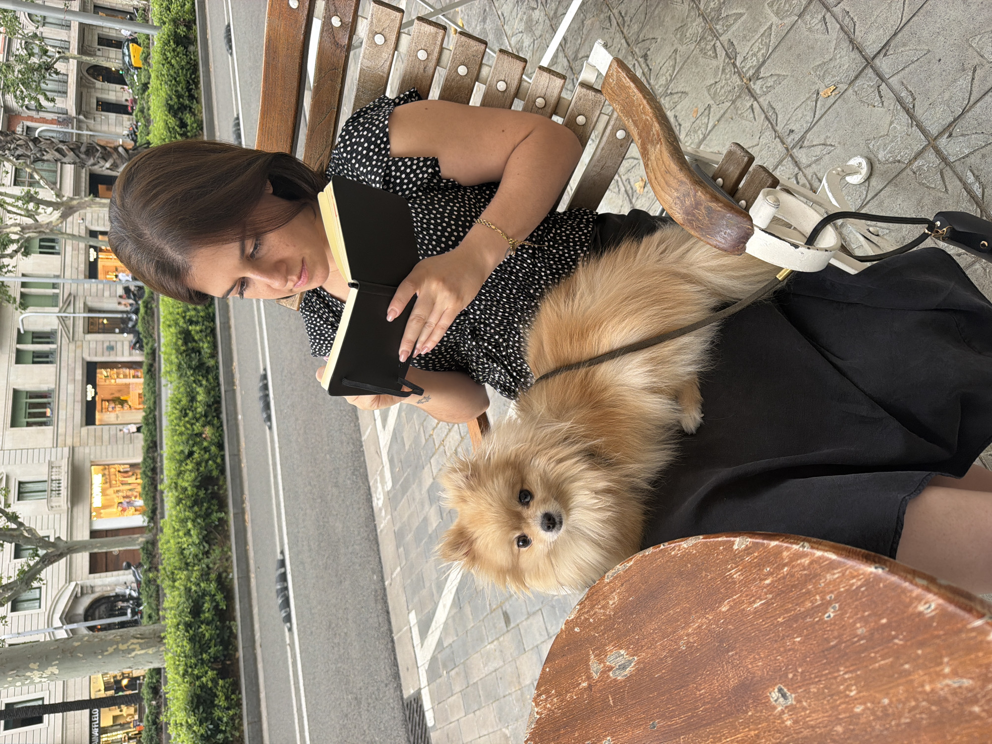A woman with brown hair is sitting on a wooden bench with a small, fluffy, light-brown dog on her lap. She is wearing a black dress with white polka dots and holding an open black notebook. The dog is facing the camera with its mouth slightly open. They are seated outdoors at a cafe with a wooden table to the left of the frame. In the background, there is a street with cars, a sidewalk with a brick pattern, lush green bushes, and buildings with shops and balconies, typical of the Eixample district of Barcelona, Spain. The overall scene captures a moment of leisure at a public outdoor space.