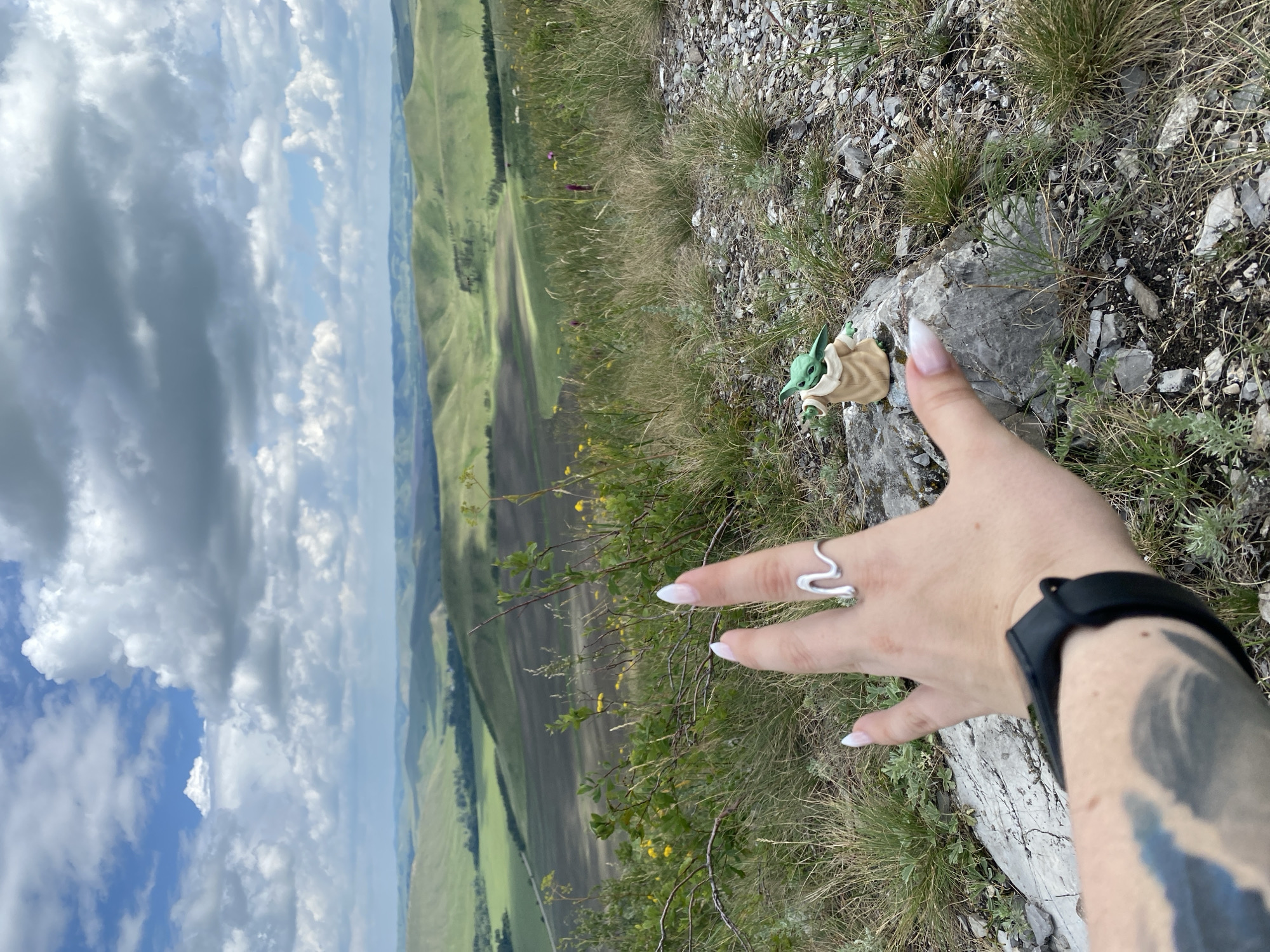 A medium shot captures a person's hand with a silver ring on the index finger, pointing towards a small figurine of a character resembling Grogu from Star Wars. The figurine is positioned on a rock in the foreground, with a vast, rolling green landscape stretching into the background under a cloudy sky. The location is identified as Абзаново, Russia. The person's forearm with a dark tattoo and a black smartwatch is also visible. The terrain is rocky and covered with dry grass, with some small green plants and yellow flowers growing amongst the rocks. The distant hills are lush green, indicating a temperate climate.
