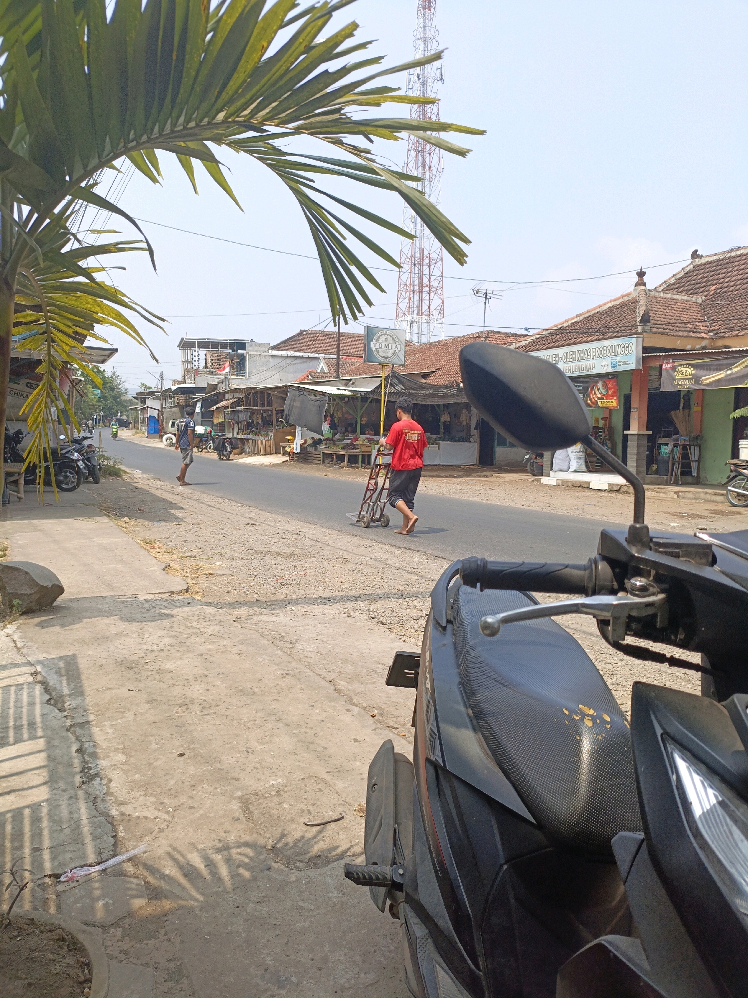 The image depicts a street scene in Betek, Indonesia, on a sunny day. A street-side market is visible with several stalls set up along the road. In the foreground, the seat and handlebars of a black motorcycle are prominent. On the road, a person in a red t-shirt is pushing a cart, and another person in a blue t-shirt and shorts stands on the side of the road. Various motorcycles are parked along the street, and some people are visible in the background near the stalls. Buildings with tiled roofs line the street, and a tall transmission tower is visible in the distance. The ground is a mix of concrete and gravel. Lush green palm fronds are visible in the upper left corner, partially obscuring the sky.