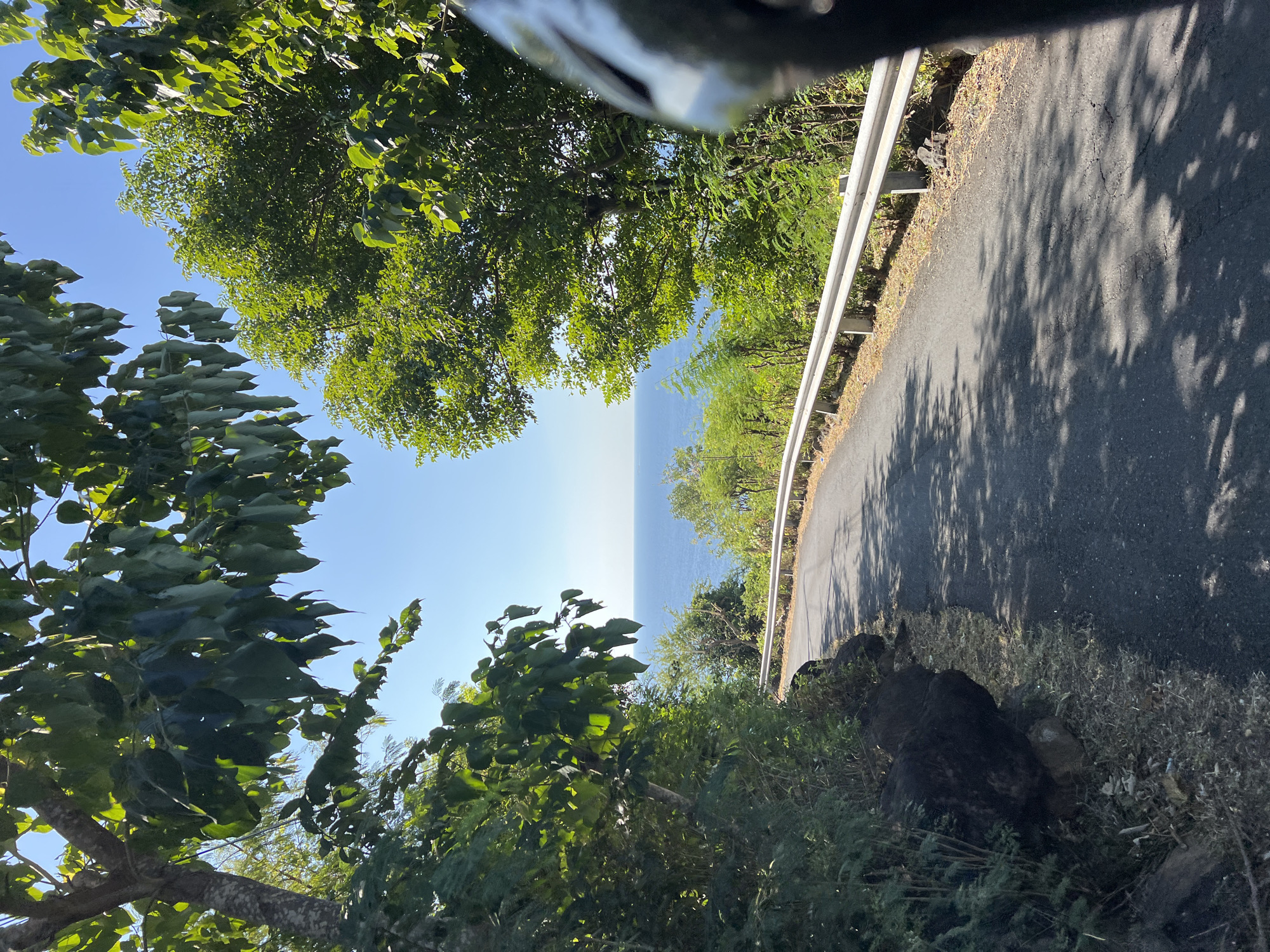 The image shows a curved asphalt road in Abang, Indonesia, leading towards a bright blue ocean under a clear sky. Lush green trees and foliage line both sides of the road, with some branches extending over the pavement. A white metal guardrail runs along the right side of the road, separating it from a steep drop-off. In the foreground on the right, a portion of a dark motorcycle helmet is visible, suggesting the photo was taken by someone riding a motorcycle. The road surface is in fair condition, with some cracks visible, and dappled sunlight creates shadows on the asphalt. Large rocks are present on the left side of the road, embedded in the vegetation. The overall scene depicts a scenic coastal drive.