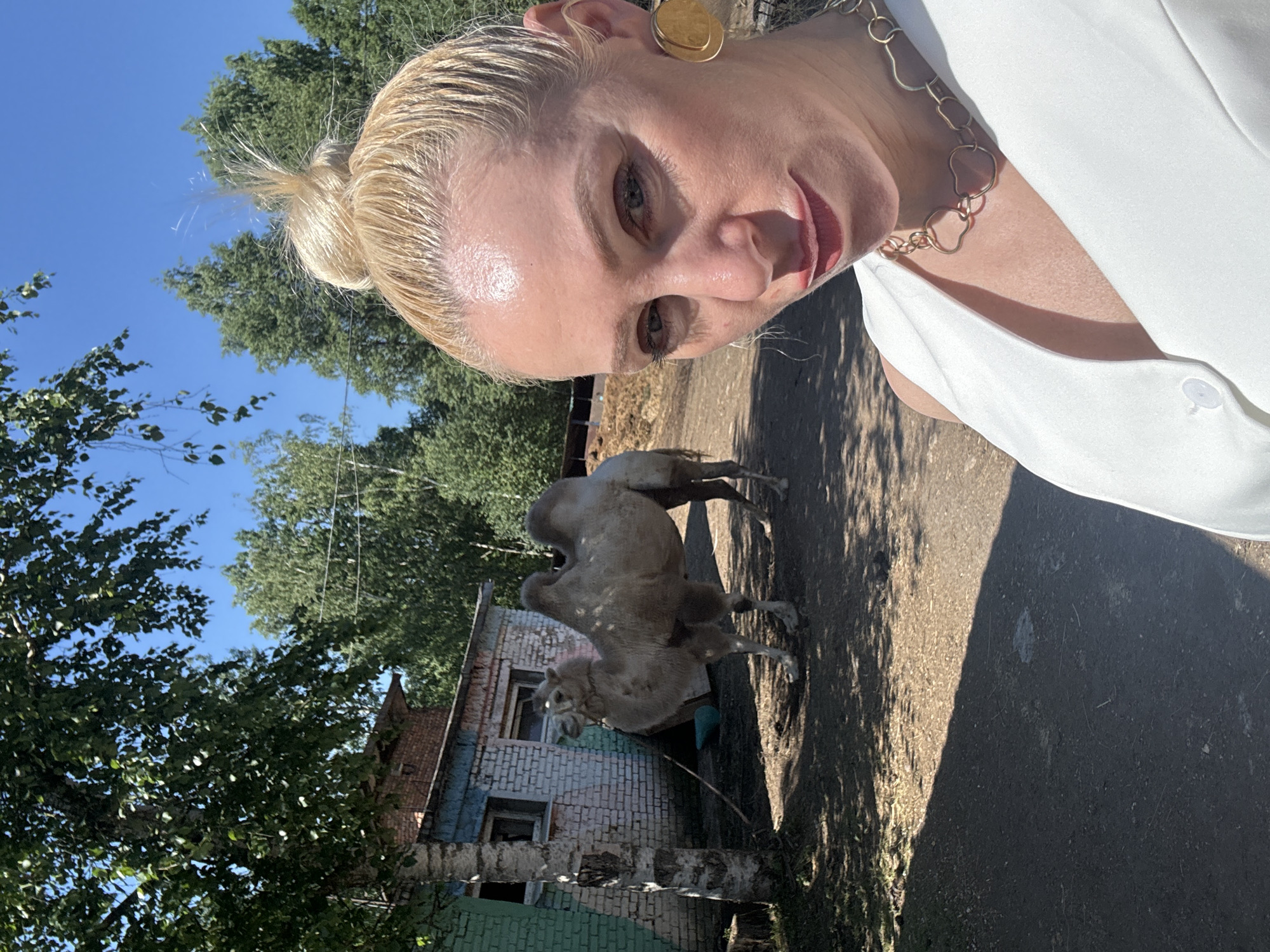 A blonde woman, wearing a white vest and a gold necklace, takes a selfie with a camel in the background. The camel stands in a dusty enclosure next to a small, dilapidated building made of brick and painted with white and blue accents. Trees line the perimeter of the enclosure, and the sky is clear and blue. The scene appears to be a zoo or an animal sanctuary. The location is the Pavlovsk Zoo in Pavlovsk, Russia.