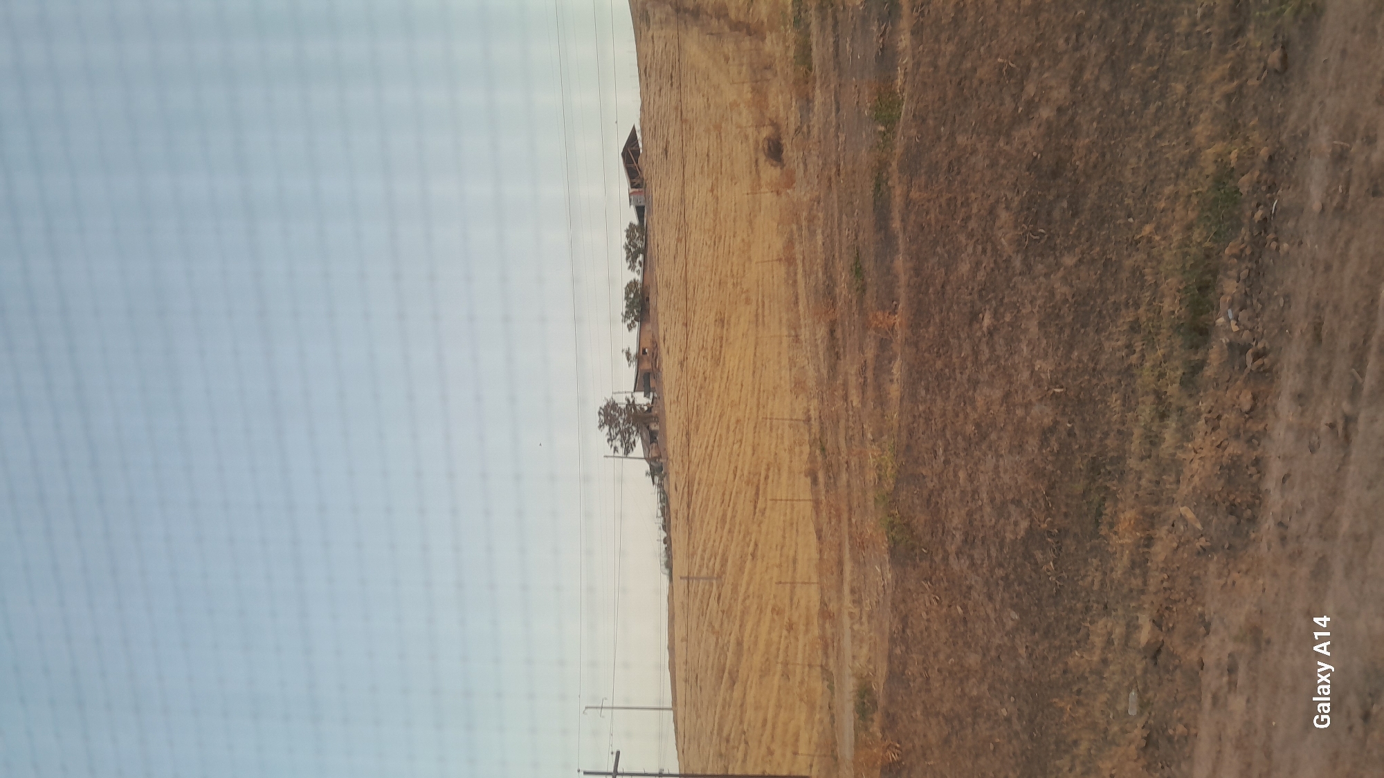 The image depicts a rural landscape with a gently sloping hill covered in dry, yellow grass. The sky above is a pale blue. On top of the hill, a cluster of buildings, likely a farm or a small settlement, is visible. These structures appear to be made of earth-toned materials and are interspersed with trees. A utility pole stands on the left side of the frame, with power lines stretching across the upper portion of the hill. The foreground shows a patch of dry, brown earth with sparse vegetation. The overall scene suggests a dry, possibly arid environment. The location is identified as Çangır-Taş, Kyrgyzstan.
