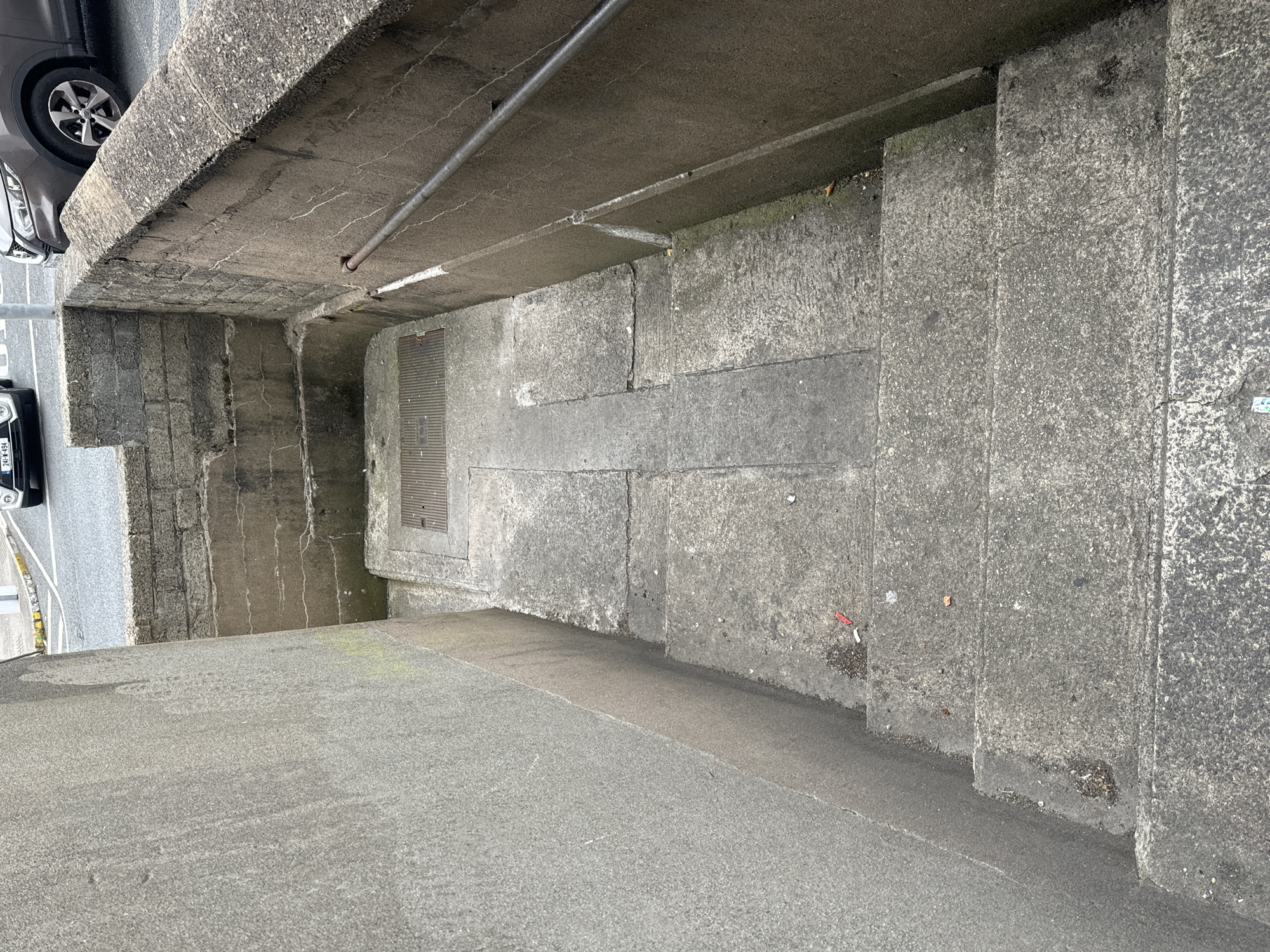 The image shows a concrete staircase leading down from street level. The staircase is bordered by concrete walls and a metal handrail. There is a grate visible at the top of the stairs. Debris, including cigarette butts, is scattered on the steps. In the background, cars are visible on a street. Based on the license plate of one of the cars, "241-W-494", this scene is located in Waterford, Ireland.