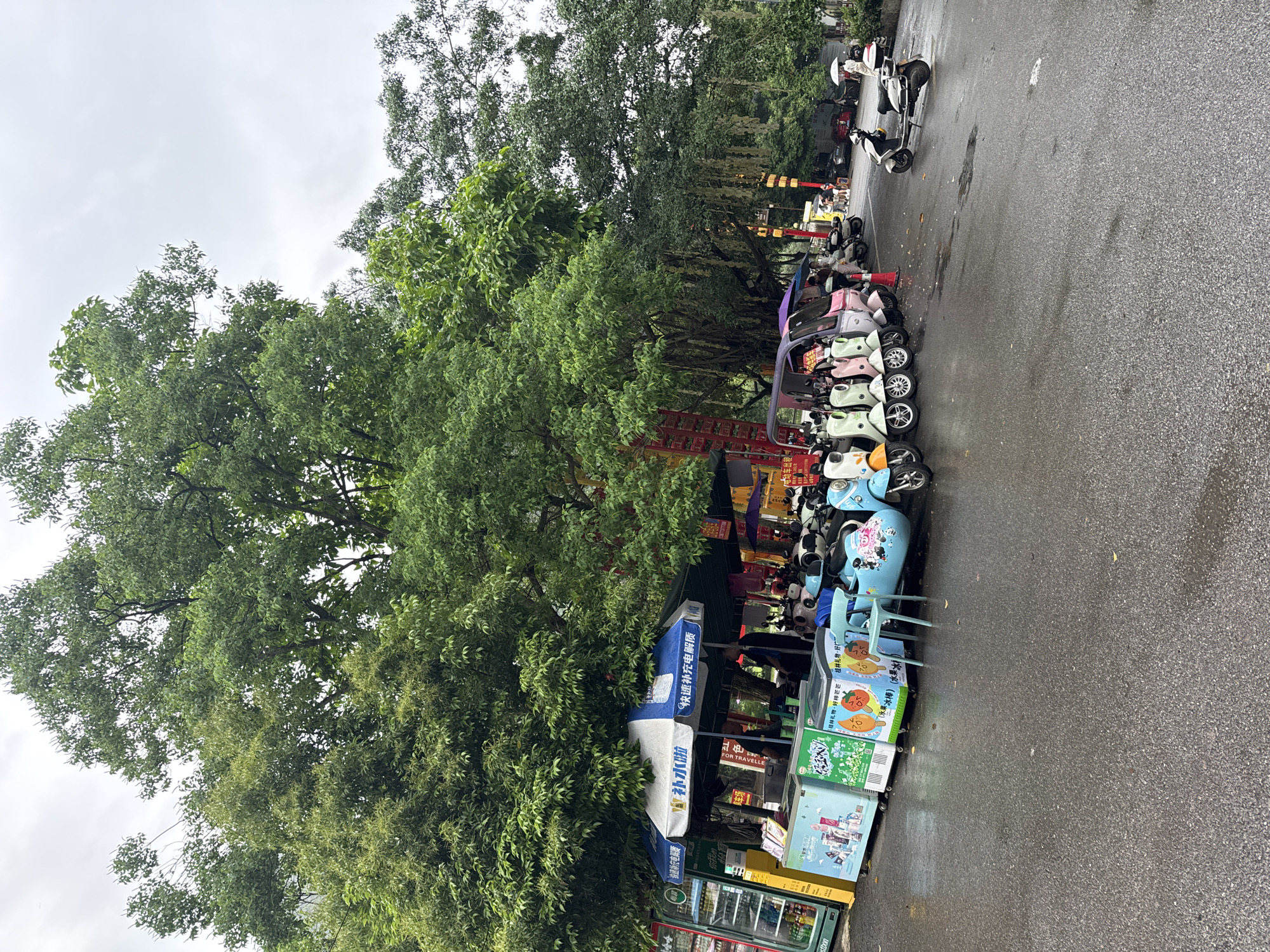 A photograph taken in Guilin, China depicts a tree-lined street featuring a row of parked scooters, an ice cream stand, and other miscellaneous items. The sky is overcast, suggesting the presence of clouds or an impending rain event.
A variety of scooters, in colors such as blue, green, pink, and white, are lined up along the street. The scooters seem to be rentals, with some being decorated with cartoon characters and other graphics.
A small concession stand, adorned with a blue-and-white striped awning, is stocked with various products, including what appears to be ice cream. Signage on the stand is written in Chinese characters. Several coolers are visible behind the stand, presumably containing additional drinks and frozen goods. A chair is situated near the ice cream stand.
The street surface appears to be wet, consistent with the overcast conditions.