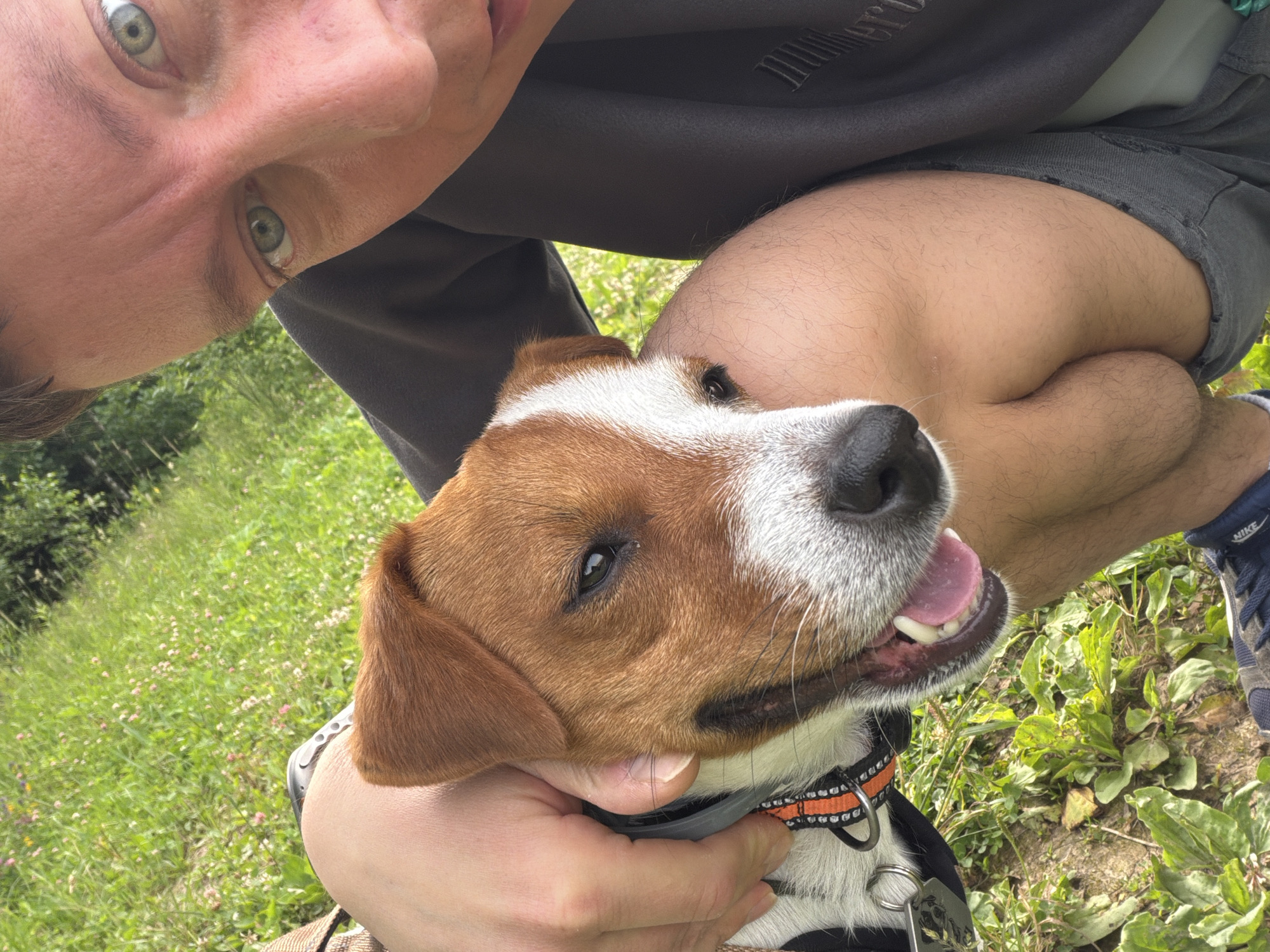 A person and a dog are outdoors in a grassy area with trees in the background. The person is holding the dog, which appears to be a Jack Russell Terrier. The person is looking at the camera, and the dog is looking in the same direction. The person is wearing a dark-colored shirt, and the dog is wearing a collar. The ground is covered in grass and some dirt. There are no clear indicators of the location being Moscow, Russia.