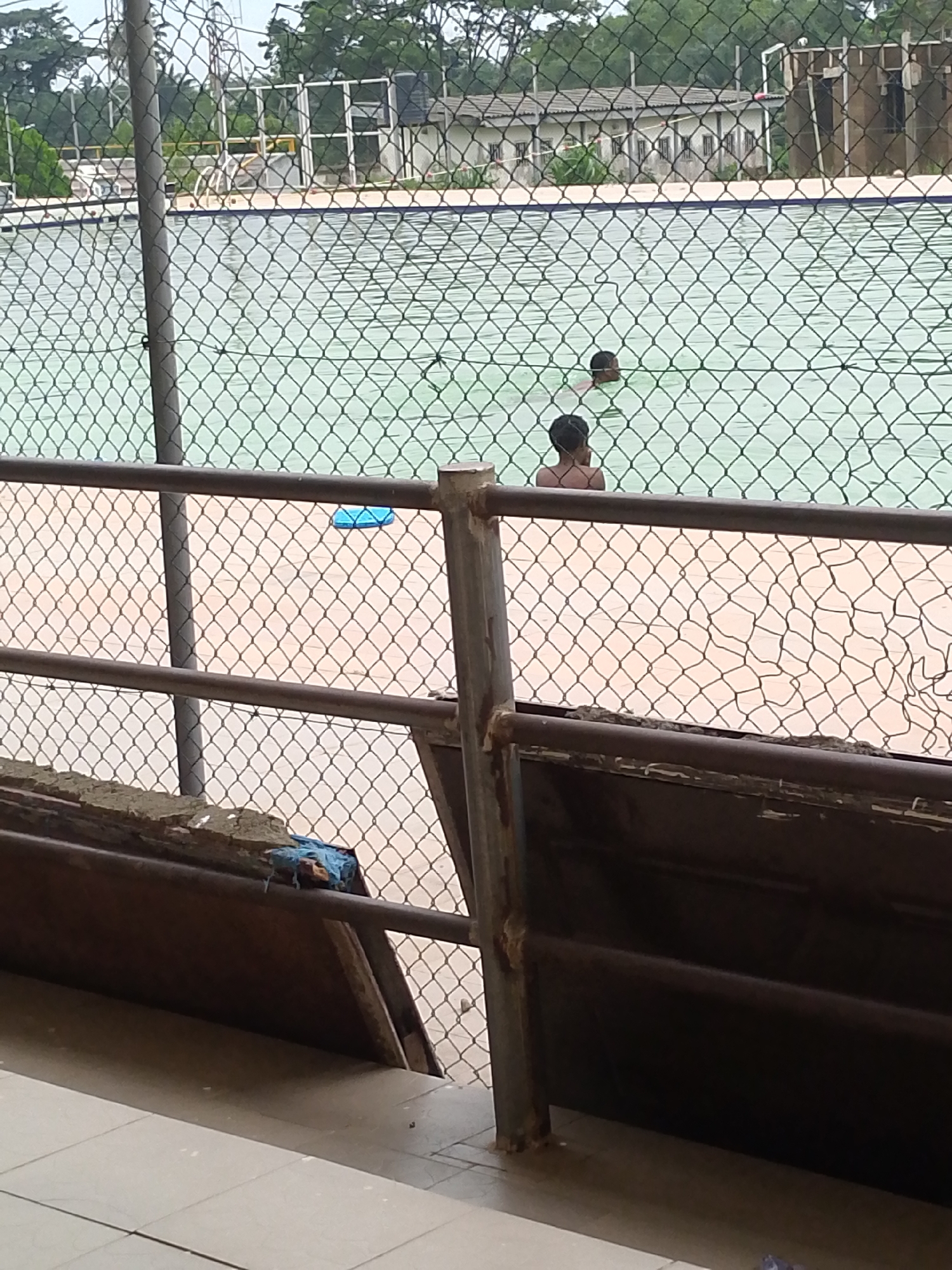 Two people are swimming in a pool. The pool is enclosed by a chain-link fence and a low metal railing. There are buildings and trees visible in the background. The location appears to be in a city but the specific city and state are unknown.