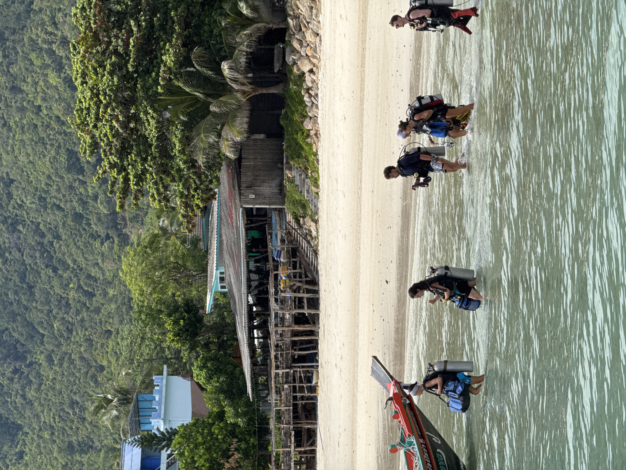 Five individuals, dressed in scuba diving gear including wetsuits and buoyancy control devices (BCDs) with air tanks, are walking through shallow, clear turquoise water towards a sandy beach. The group consists of two women and three men. The individuals are carrying dive bags. In the background, a traditional Thai longtail boat is partially visible on the left, moored in the water near the shore. The beach is backed by a line of palm trees and lush green vegetation, with a forest-covered mountain slope rising behind it. Several buildings, including a rustic stilted structure with a tin roof that appears to be a restaurant or beach bar, are situated along the beachfront. The scene is set in a tropical coastal environment.