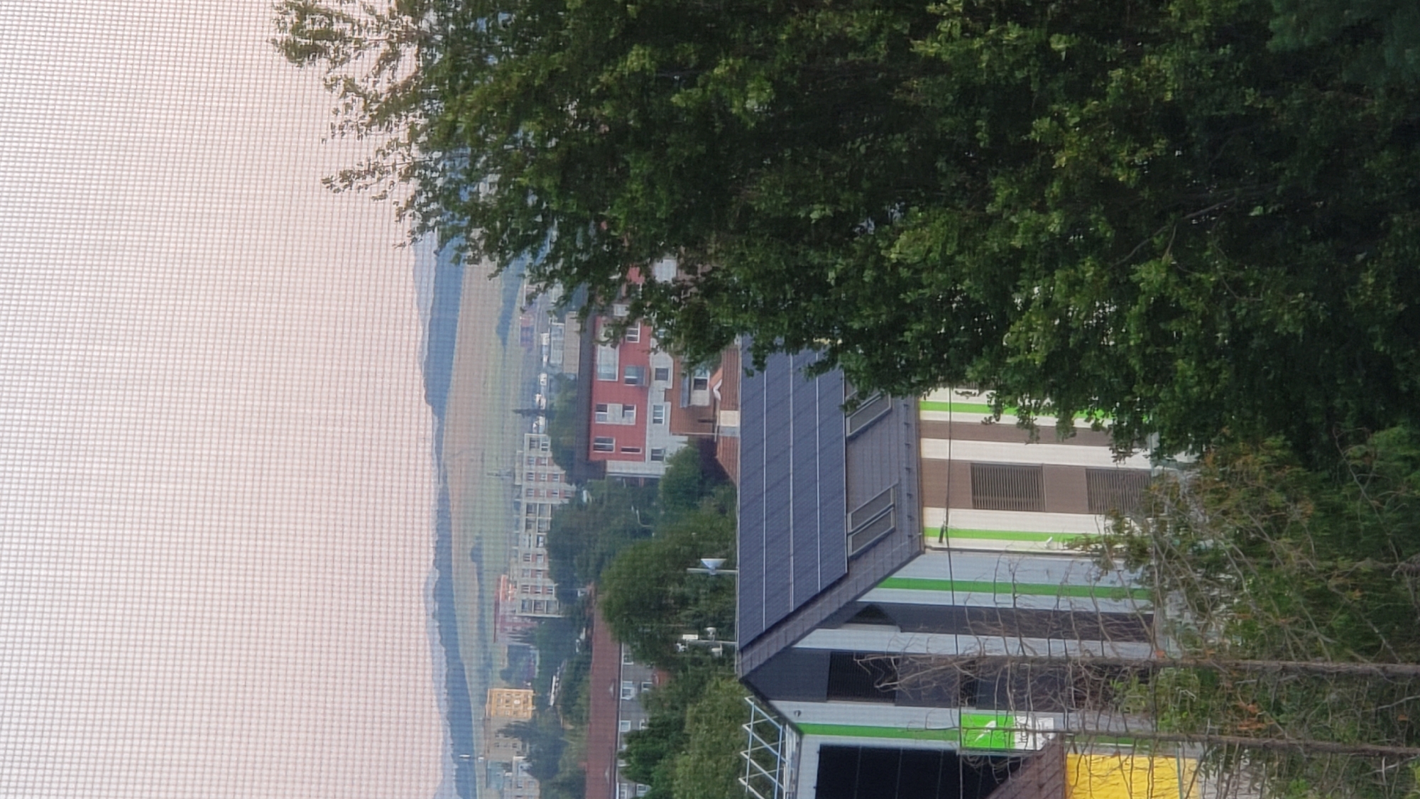 The image captures a view of a city skyline in Prešov, Slovakia, seen through a window screen. In the foreground, a modern building with a grey, white, and green striped facade is visible, topped with solar panels. To the left of this building, a structure with a yellow facade is partially visible. A dense tree with dark green foliage dominates the right side of the frame, partially obscuring the view of the cityscape. Behind the immediate structures, various multi-story buildings, characteristic of urban residential areas, are scattered throughout the middle ground. The background features rolling hills and mountains under a hazy, light-colored sky, suggesting an outdoor setting with a distant natural landscape. The overall impression is that of a suburban or urban fringe view.