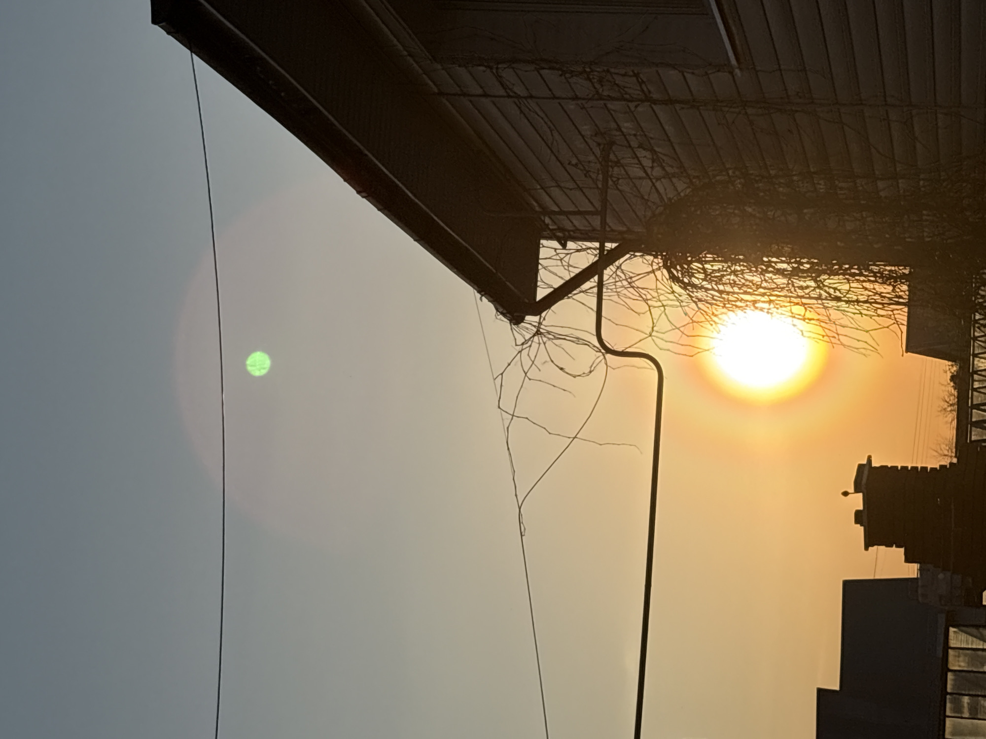 The image shows a view in Прикамский, Russia, at sunset. The foreground includes the corner of a dark-colored building roof with bare vines climbing on it. A utility pole rises in front of the setting sun. In the background, there are silhouettes of other buildings against the bright orange sky. A power line stretches across the sky.