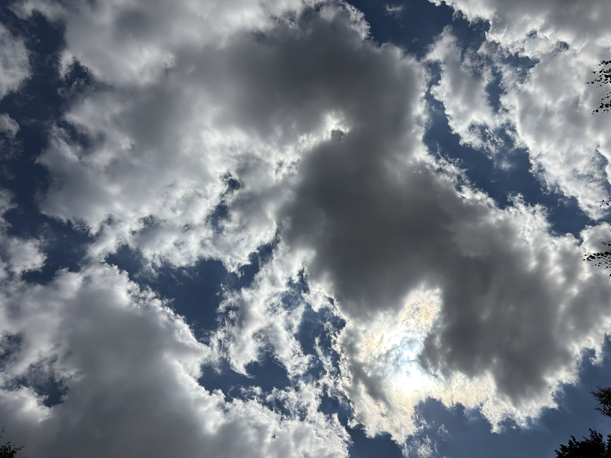 The image depicts a dramatic sky filled with a mix of dark, heavy clouds and brighter, wispy formations. The sun is partially obscured by the clouds, creating a luminous glow and some iridescent colors. The sky is a deep blue in the spaces between the clouds. In the bottom corners, the silhouettes of trees are visible, suggesting an outdoor setting. The scene is likely captured in the city of Imeni Vorovskogo, Russia, given the contextual information. There are no people or discernible objects or actions within the frame. The focus is entirely on the celestial display.