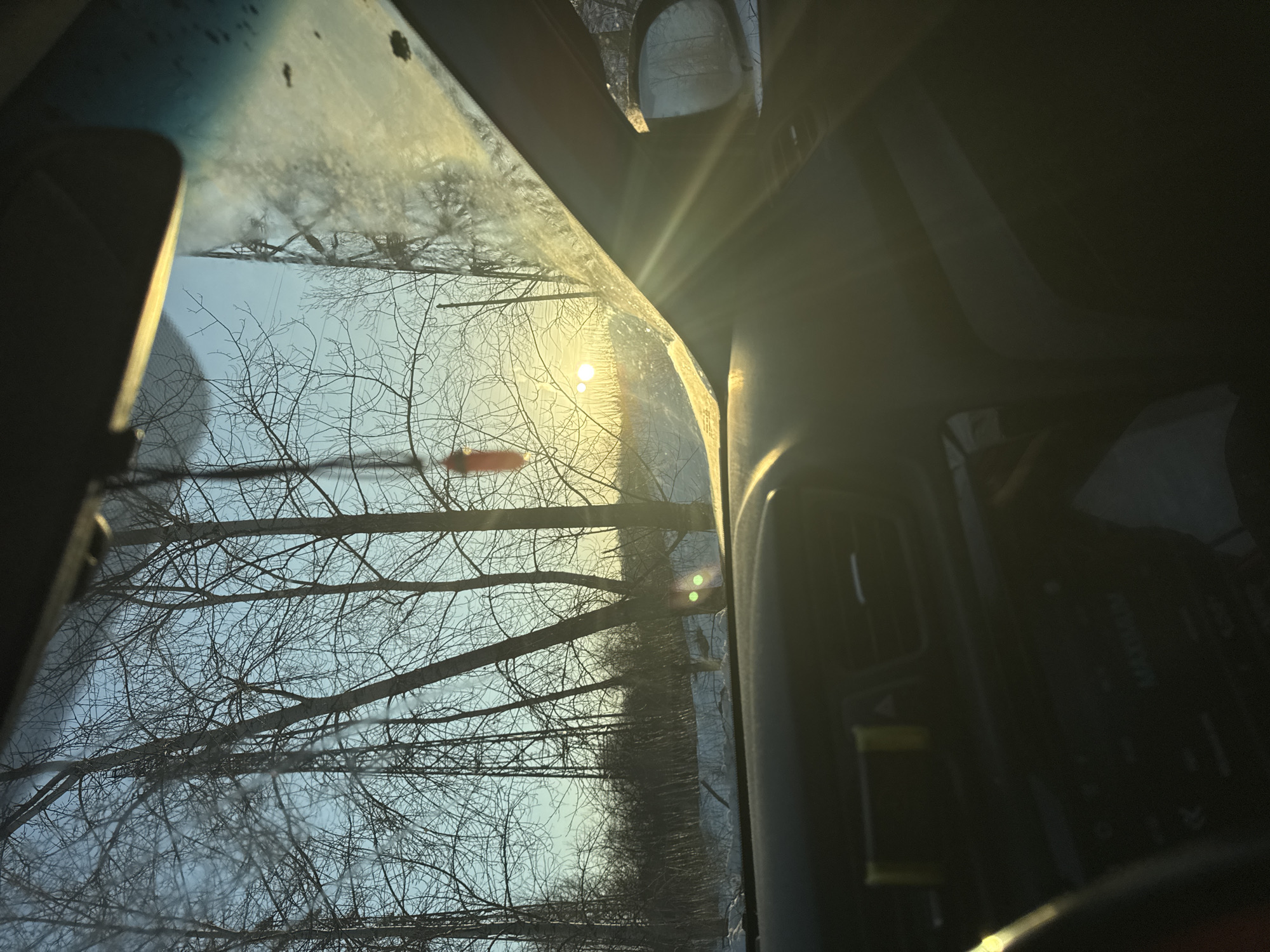 The image shows a view from inside a vehicle, looking out through the windshield. The external scene features bare trees against a bright, overcast sky, with the sun visible through the branches. The windshield appears slightly dirty or frosty, obscuring the view somewhat. The interior of the vehicle is dark, but elements of the dashboard are visible. It is not possible to confirm the location in the city of Chaikovsky, Russia, from this single image. No people, specific subjects, objects, actions, or interactions beyond what is already described are apparent. The environment appears to be a wooded area, likely in winter.