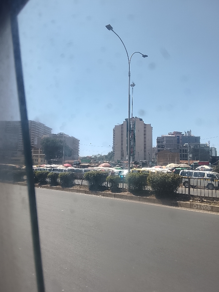 An urban street scene features a wide, dark asphalt road with a central median of bushes and a black metal fence. A line of vehicles, many covered with colorful umbrellas, sits behind the bushes. Behind them, a cluster of buildings rise against a light blue sky. A tall street light stands prominently in the middle ground. The image appears to have been taken from inside a vehicle.