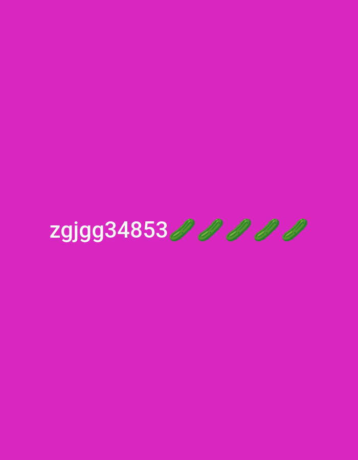 The image displays a solid magenta background with the text "zgjgg34853" in white on the left side. To the right of the text are five green pickle emojis arranged in a row. There is no discernible location in Jenu, Indonesia, or any other city indicated in the image.