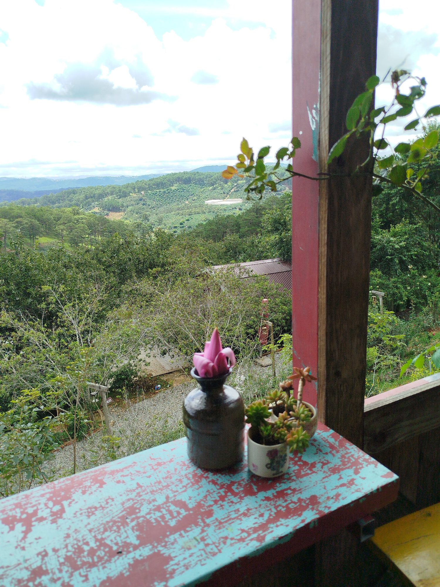 This image captures a rustic balcony scene overlooking a lush, green valley in Trường An, Vietnam. The foreground features a weathered, turquoise and red wooden table with two small potted plants and a dark ceramic vase holding a pink flower bud. To the right, a wooden post, painted red on its left side, stands as part of the balcony structure, with green foliage from an overhanging plant visible. Beyond the balcony, a dense forest covers rolling hills, punctuated by scattered houses and what appears to be agricultural terracing. The sky above is partly cloudy.