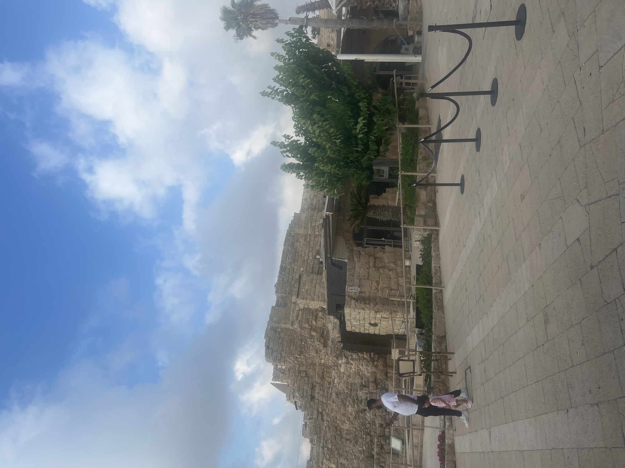 This media file depicts an outdoor scene with ancient stone ruins, a paved walkway, and a cloudy blue sky. The ruins, made of large, rough-hewn stones, suggest a historical site. A lush green tree grows near the ruins, and a palm tree is visible in the background. The walkway is made of light-colored, rectangular stone pavers. Black stanchions with ropes are set up along the walkway, indicating a pathway or queue.
Two people are present: an adult male wearing a white t-shirt and dark pants, and a young child in a pink dress. They appear to be walking together on the paved area.
The weather appears to be overcast with patches of blue sky and scattered clouds. The lighting suggests it is daytime, possibly late morning or afternoon. The location is identified as Hof HaCarmel Regional Council, Israel, which aligns with the presence of ancient ruins and Mediterranean vegetation like palm trees. No visible text is present in the image. The overall mood is calm and observational.