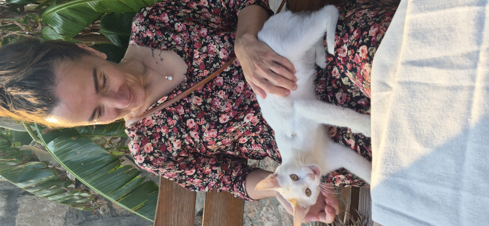 A woman with her hair in a bun, wearing a floral print dress, sits on a wooden bench outdoors, holding a white cat with orange markings on its head. The cat is positioned across her lap, with its mouth open, and the woman is gently petting it. Behind them are large green leaves of a plant and a stone wall. A brown strap from a bag is visible across the woman's shoulder. In the foreground, a white cloth is spread out. The scene appears to be in Saranda, Albania, possibly in a garden or outdoor dining area.