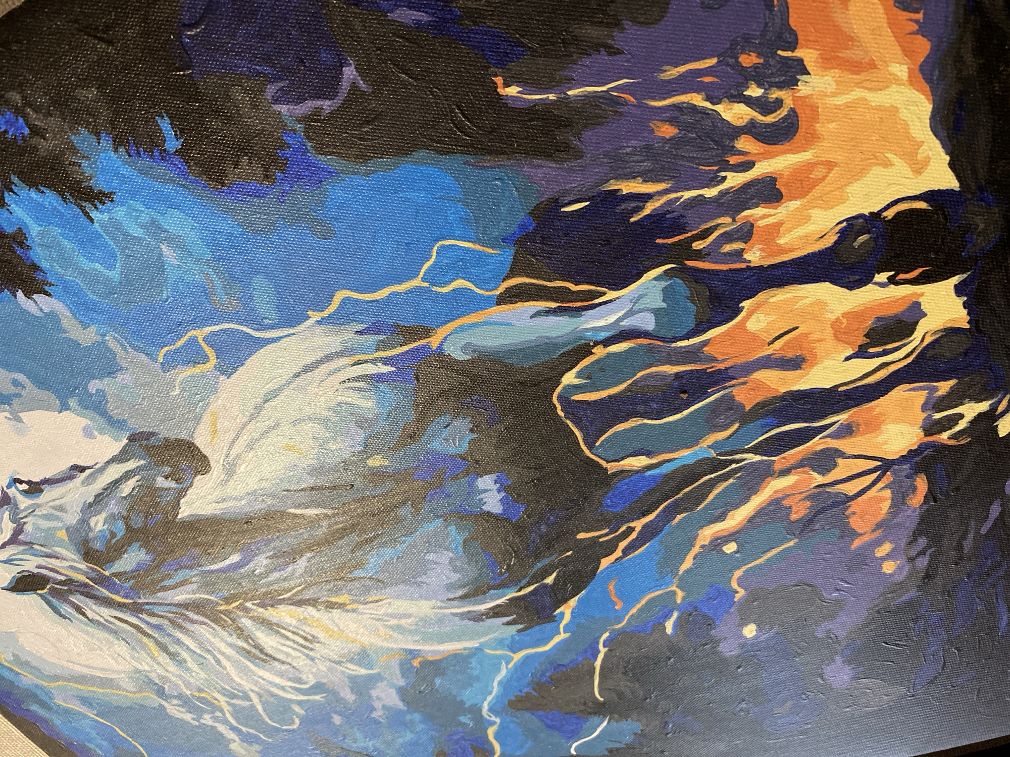 The image is a close-up of an acrylic painting on canvas. The painting depicts a dynamic scene with a pale blue and white horse-like figure in the lower left, surrounded by swirling blues, black, and orange colors that suggest fire or energy. Thin lines of light yellow or gold run through the scene, possibly representing lightning or electrical energy. The dark areas appear as shadows or perhaps trees. The composition is abstract and dramatic. There is no information in the image to suggest it is located in Kauchuk Stantsiya, Russia.