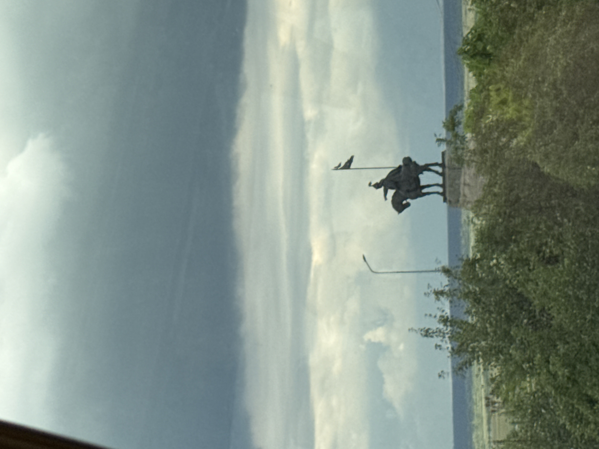 An equestrian statue is visible in the distance, silhouetted against a cloudy sky. The statue depicts a person on horseback, holding a flag. A street light is also visible to the left of the statue. In the foreground, there are trees and foliage. The background suggests a flat landscape with a body of water or a plain. The overall scene is overcast and appears to be outdoors. This statue is likely the monument to Ivan IV the Terrible in Yelabuga, Russia.