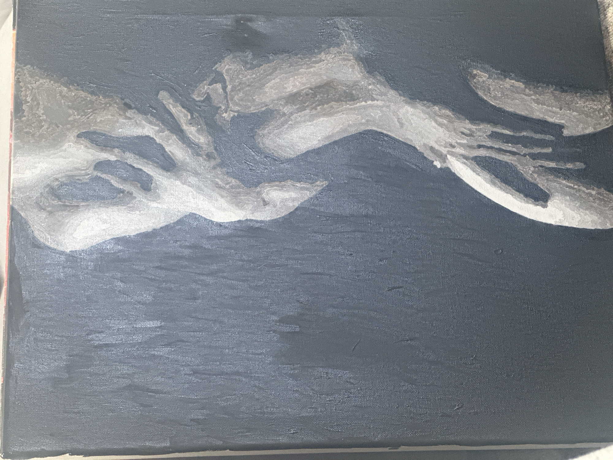 The image depicts an unfinished acrylic painting on canvas. The background is painted in a dark grey-blue hue with visible brushstrokes. Two or three abstract forms are present in the upper portion of the painting, rendered in a light grey-white gradient. The forms could potentially be interpreted as hands or bodies, but lack distinct features for conclusive identification. The overall style is abstract and the painting seems to be in the early stages of development. The location of Высокий, Russia is irrelevant to the subject matter of the image.