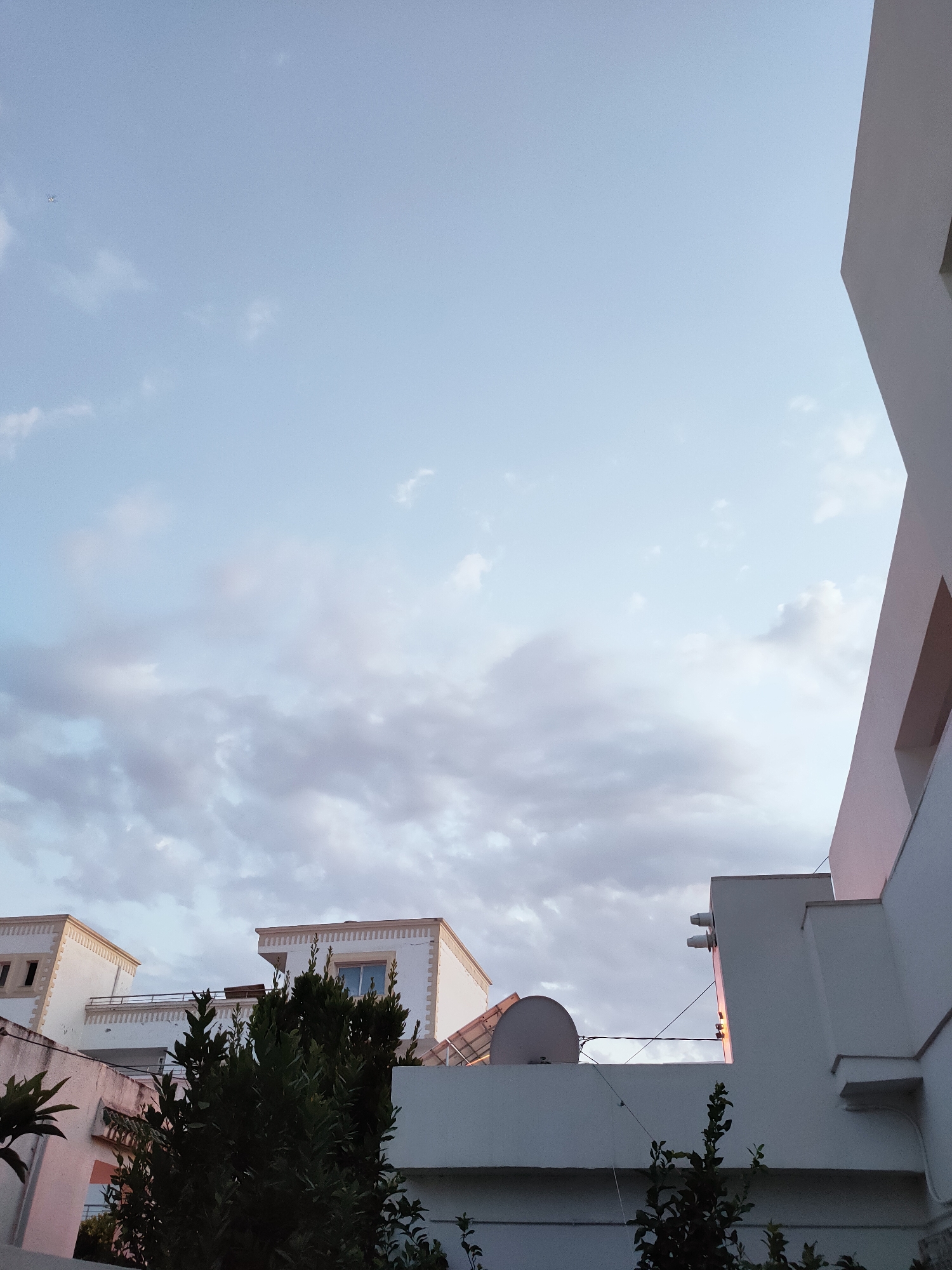 This media file depicts a view of buildings and the sky, likely taken from a rooftop or high vantage point in Ariana, Tunisia. The scene is dominated by a pale blue sky with scattered clouds, suggesting it is either early morning or late afternoon. The lighting is soft, with a warm glow on the side of the building in the foreground, hinting at sunset or sunrise.
Several buildings are visible. In the middle ground, two white buildings with decorative cornices are prominent, one with a small window and the other with a balcony railing. In the foreground, a modern white building with sharp architectural lines occupies the right side of the frame. A dark green, leafy tree is positioned in front of these buildings, partially obscuring the lower sections. A satellite dish is also visible on one of the rooftops. A tiny white object, possibly a bird or a distant airplane, is present in the upper left quadrant of the sky.
There is no visible text in the image. The overall mood is calm and serene, with the soft lighting and the expansive sky contributing to a peaceful atmosphere. The architecture suggests a residential or commercial area, likely in a Mediterranean or North African setting, consistent with the provided location context.