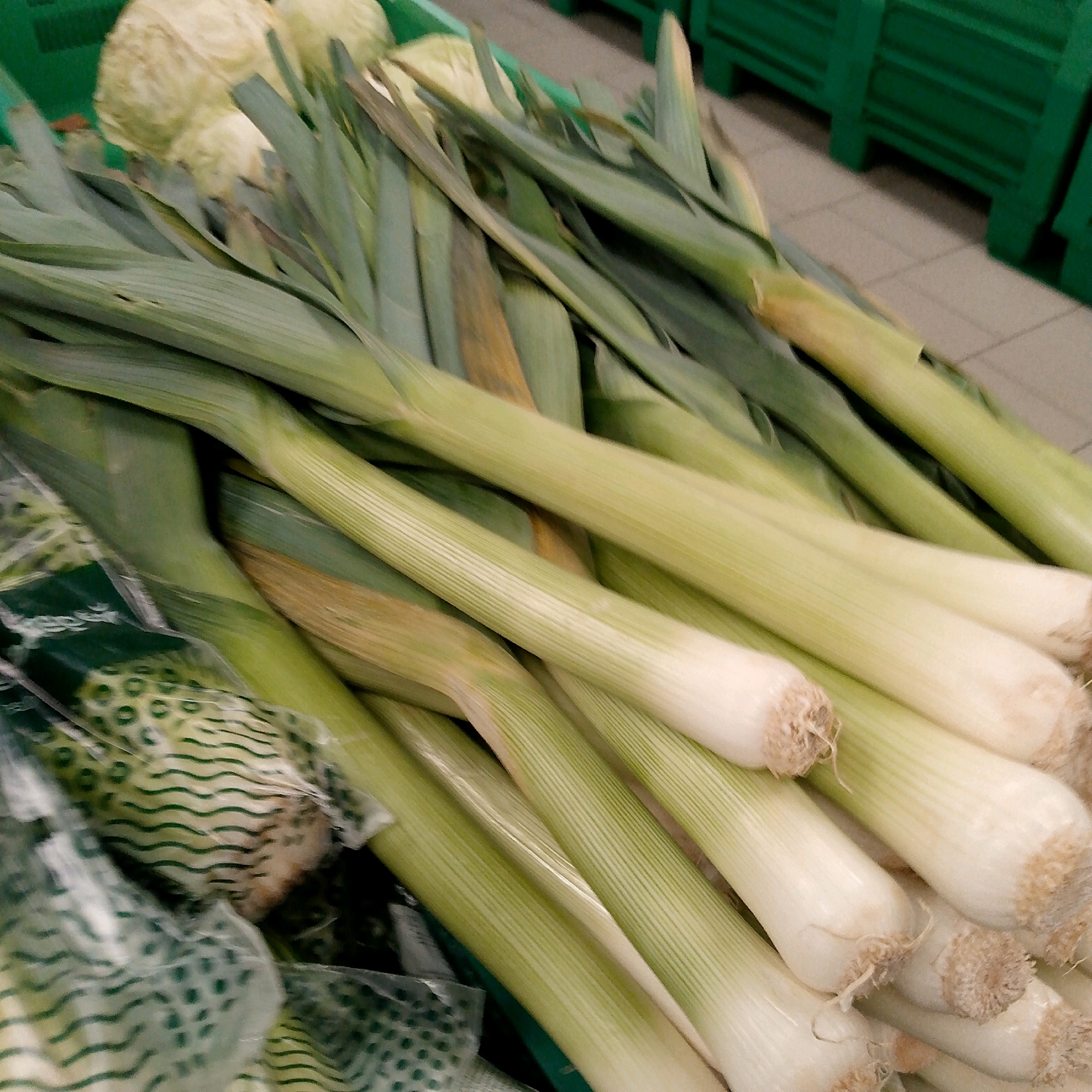 The image displays a close-up view of a large bunch of leeks and some cabbages. The leeks are green and white, with visible ribbed stalks and fibrous root ends. They are arranged in a pile, with some covered in clear plastic packaging featuring a green dotted and wavy pattern. In the background, out of focus, are green plastic crates and a tiled floor. The setting appears to be a market or grocery store. The location is stated as the city of Vyazniki, Russia. There are no people or specific actions depicted in the image.