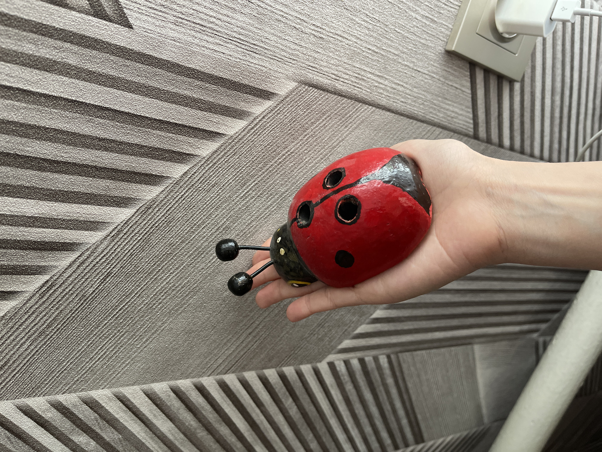 A person's hand is holding a red and black ladybug-shaped ceramic object against a textured gray wallpaper. The ladybug has black antennae with round tips, two black spots on its back, and black circles for eyes. The wallpaper has a raised, striped pattern, with some stripes running vertically and others diagonally. In the background, to the right of the ladybug, is a light-colored electrical outlet with a white adapter plugged into it and a white cable. The scene is indoors, likely in a home or residential building in Aleksandrovskoye, Russia, though this cannot be definitively confirmed from the image alone.