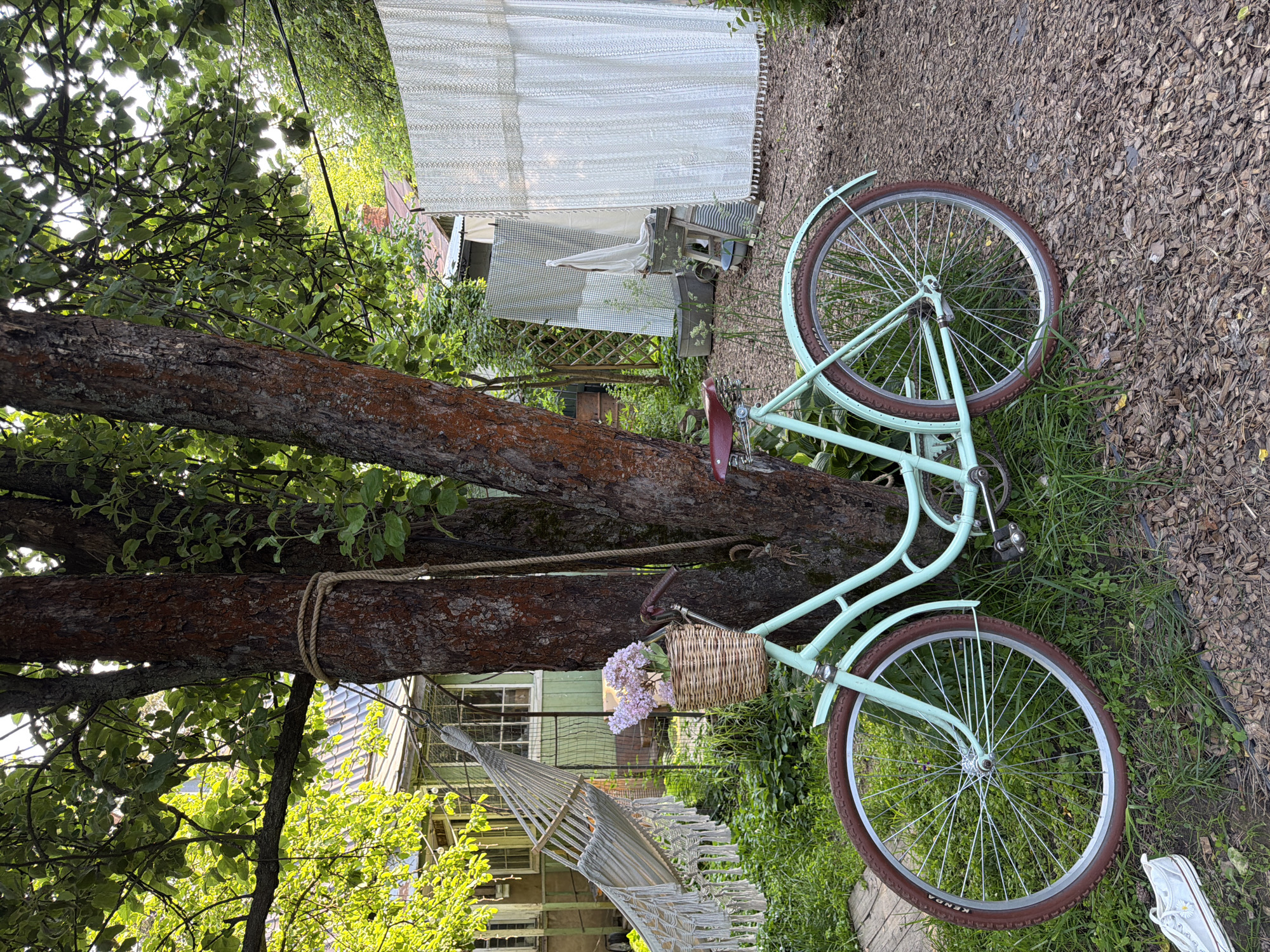 An outdoor, low-angle, medium shot captures a mint-green vintage bicycle resting against a tree trunk in a backyard. The bicycle has a wicker basket filled with purple flowers attached to the handlebars. A hammock is visible in the background, hanging from a tree. The ground is covered in wood chips and grass. Behind the hammock, a light-colored building with windows is partially visible. Further in the background, several large white cloths hang, creating a partition. The scene is illuminated by natural sunlight filtering through the tree leaves.