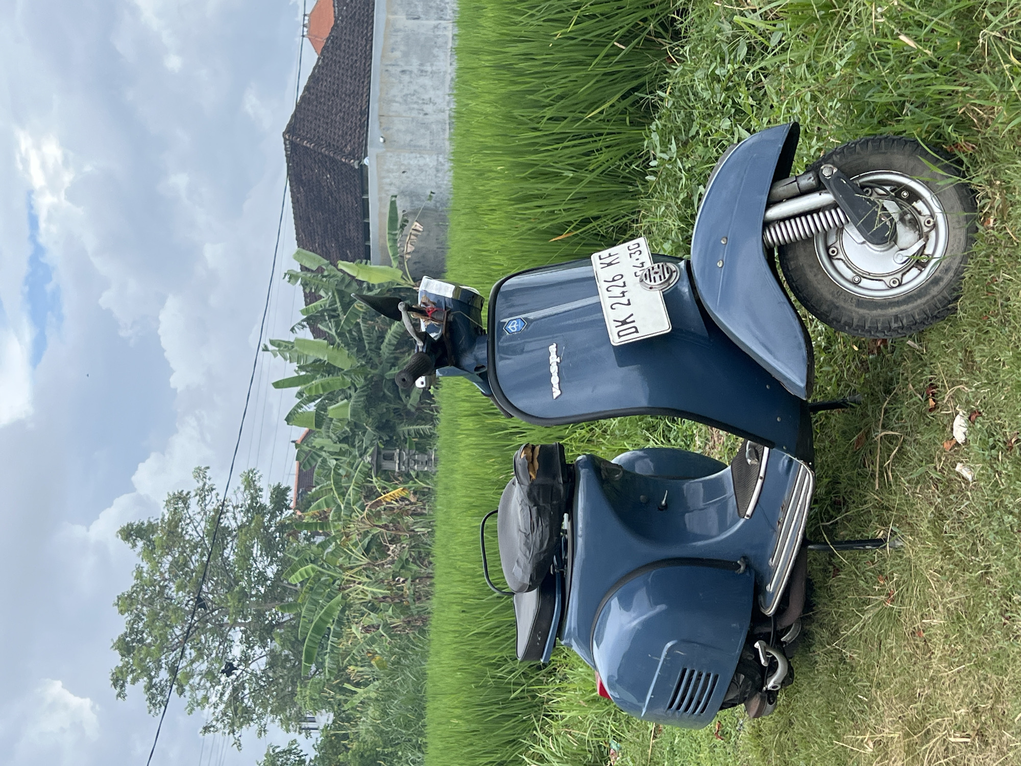 The image shows a blue Vespa scooter parked on a grassy field in Celuk, Indonesia. The scooter has a license plate that reads "DK 2426 KF". The background includes lush green rice paddies, a house with a brown roof, and banana trees. The sky is cloudy.