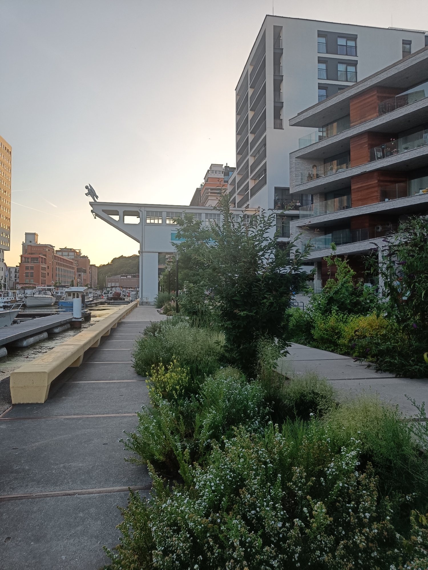 The image depicts a modern waterfront development in Leuven, Belgium, possibly the Vaartkom area. In the foreground, a concrete walkway is lined with lush green bushes and small white flowers, transitioning to a yellow concrete bench. To the left, a canal or harbor is visible with several docked boats. Beyond the boats, industrial-style buildings with red brick facades and arched windows are seen. In the background, a tall, contemporary white building with multiple balconies is prominent, alongside another multi-story building with wooden accents and balconies. A light, overcast sky suggests it might be early morning or late afternoon. A distinctive architectural feature, a white cantilevered structure with a bird-like sculpture on top, is positioned on a raised platform near the buildings. No people are visible in the frame.