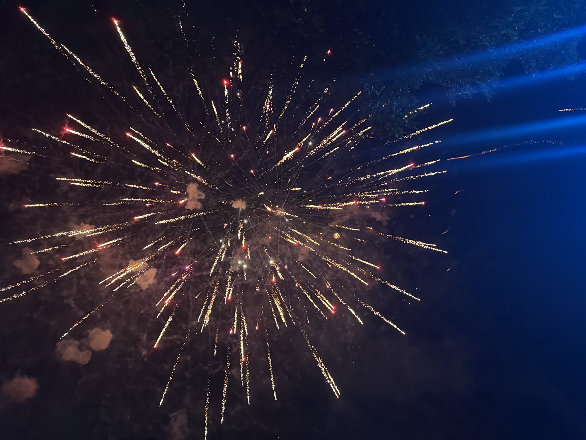 This image captures a vibrant fireworks display against a dark night sky. Numerous streaks of golden and red light burst outwards from a central point, creating a starburst effect. wisps of reddish smoke are also visible, adding to the visual texture. The lower portion of the image transitions to a deep blue, likely representing the horizon or illuminated ground. In the bottom right corner, beams of bright blue light cut through the darkness, illuminating a dark, leafy tree silhouette. The overall scene suggests a festive event or celebration. The location is identified as Gara Oreshets, Bulgaria, implying this event took place in that area. No people are visible in the frame.