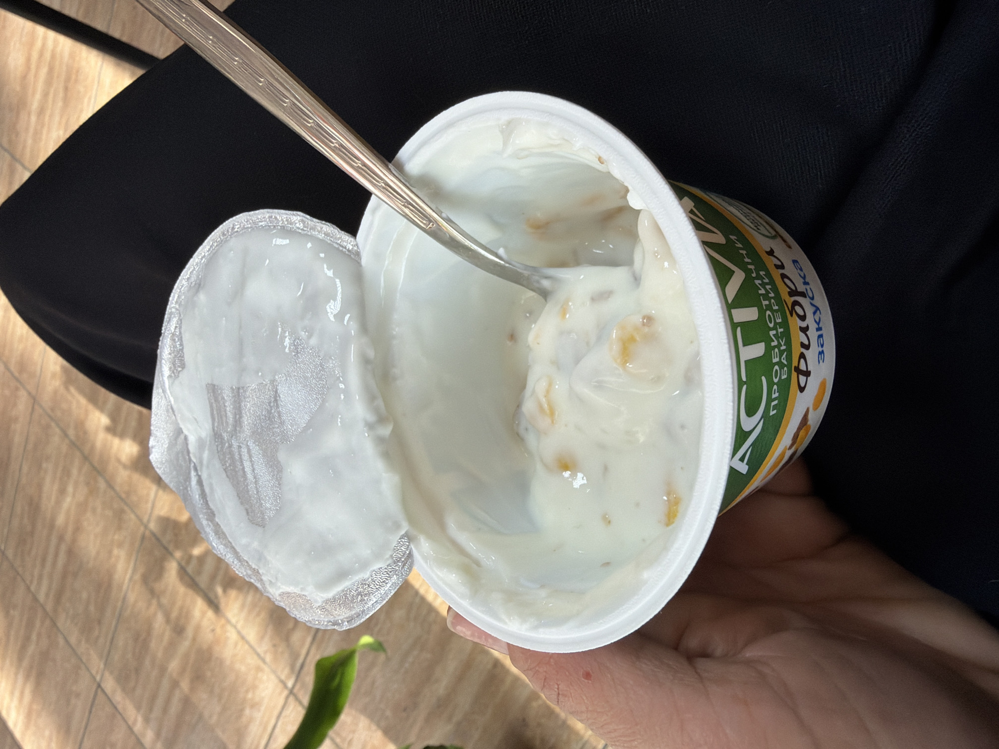 A person is holding an open container of Activia yogurt with a spoon in it. The container has a foil lid partially peeled back. The label on the container is written in Bulgarian and includes the words "ACTIVA" and "Фибри" (Fibres). The yogurt appears to contain pieces of fruit. The person is wearing black clothing, and the background includes a wooden surface and a glimpse of a green plant. The specific location in Pleven, Bulgaria cannot be determined from this image.